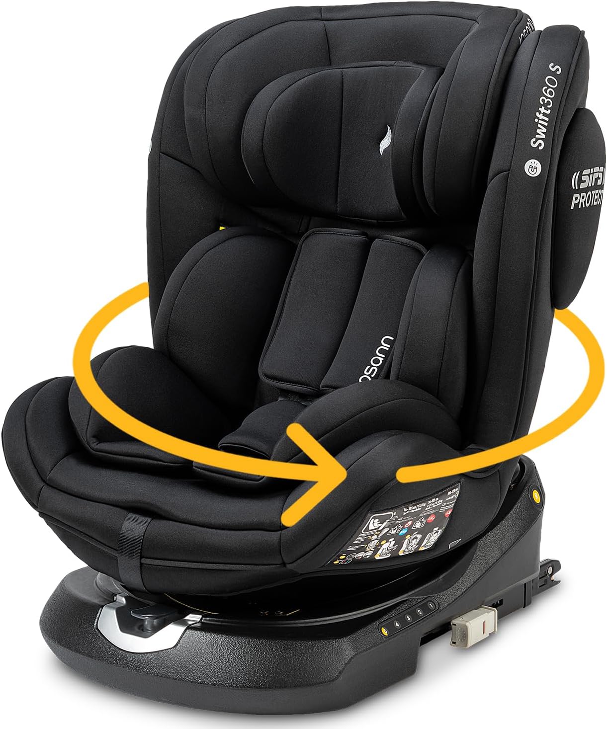 Czarny fotelik samochodowy z żółtą strzałką wskazującą możliwość obrotu o 360 stopni.