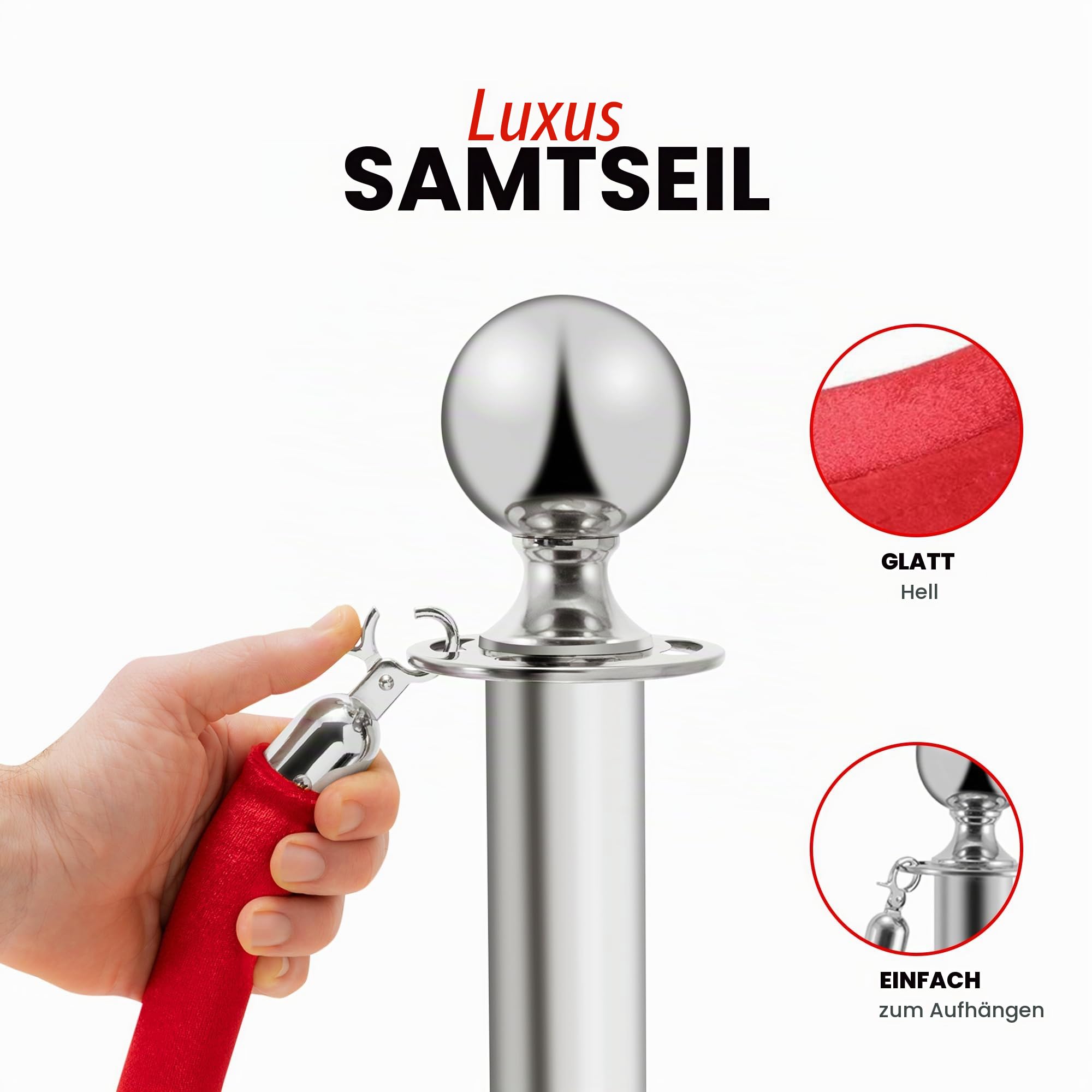 Abstandshalter aus Edelstahl, 2 Stück, 90 cm hoch, silberfarben mit rotem Samtseil, 1,5 m, 4-Wege-Verbindung, Basis 31 cm Durchmesser, Kontrolle der Menge
