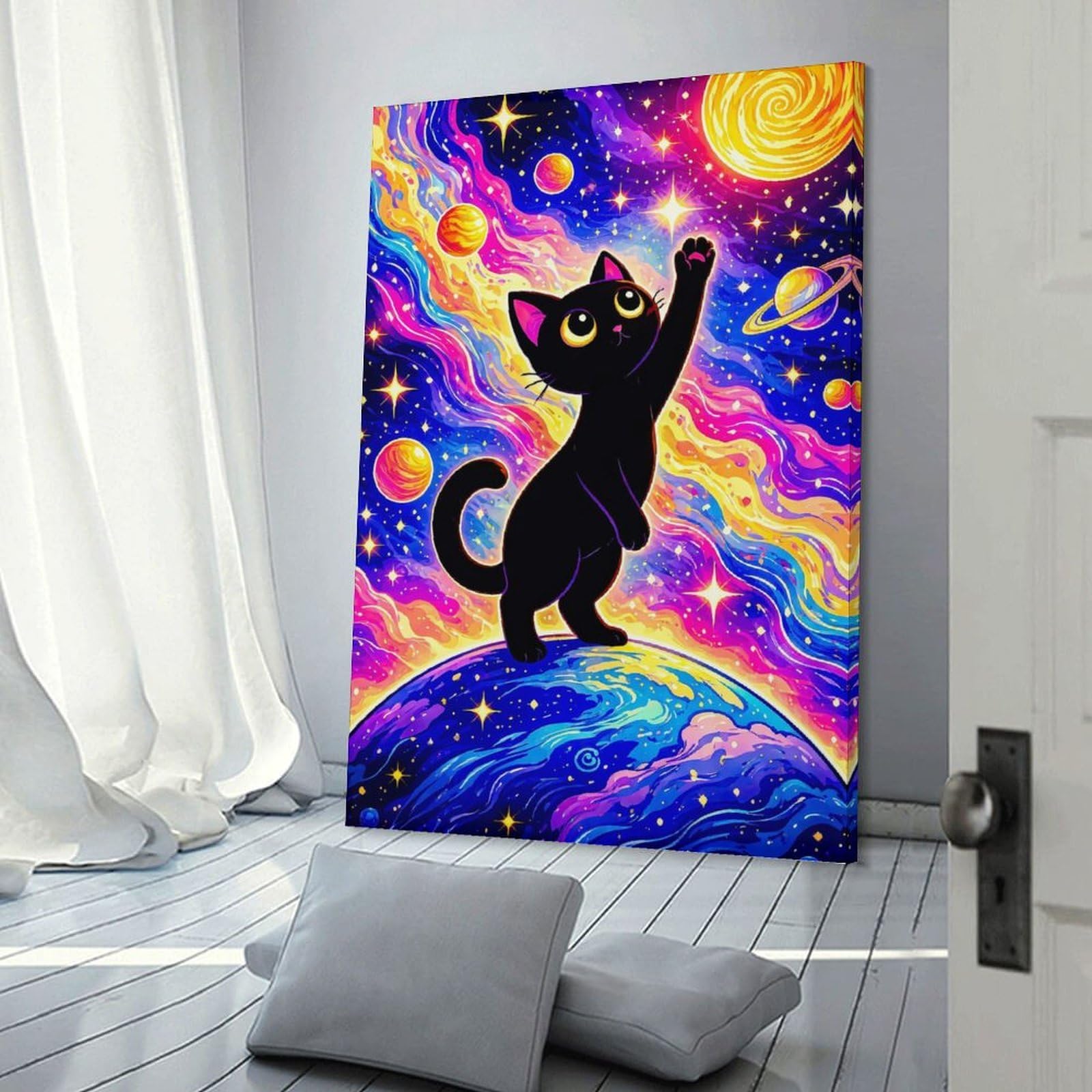 Junmoney Black Cat in Cosmic Wonderland Canvas Wall Decor, 20x30inch(50x75cm), for Lounge Decor, Bedroom Walls Or Flats, Eye Catching Artwork for Blank Walls