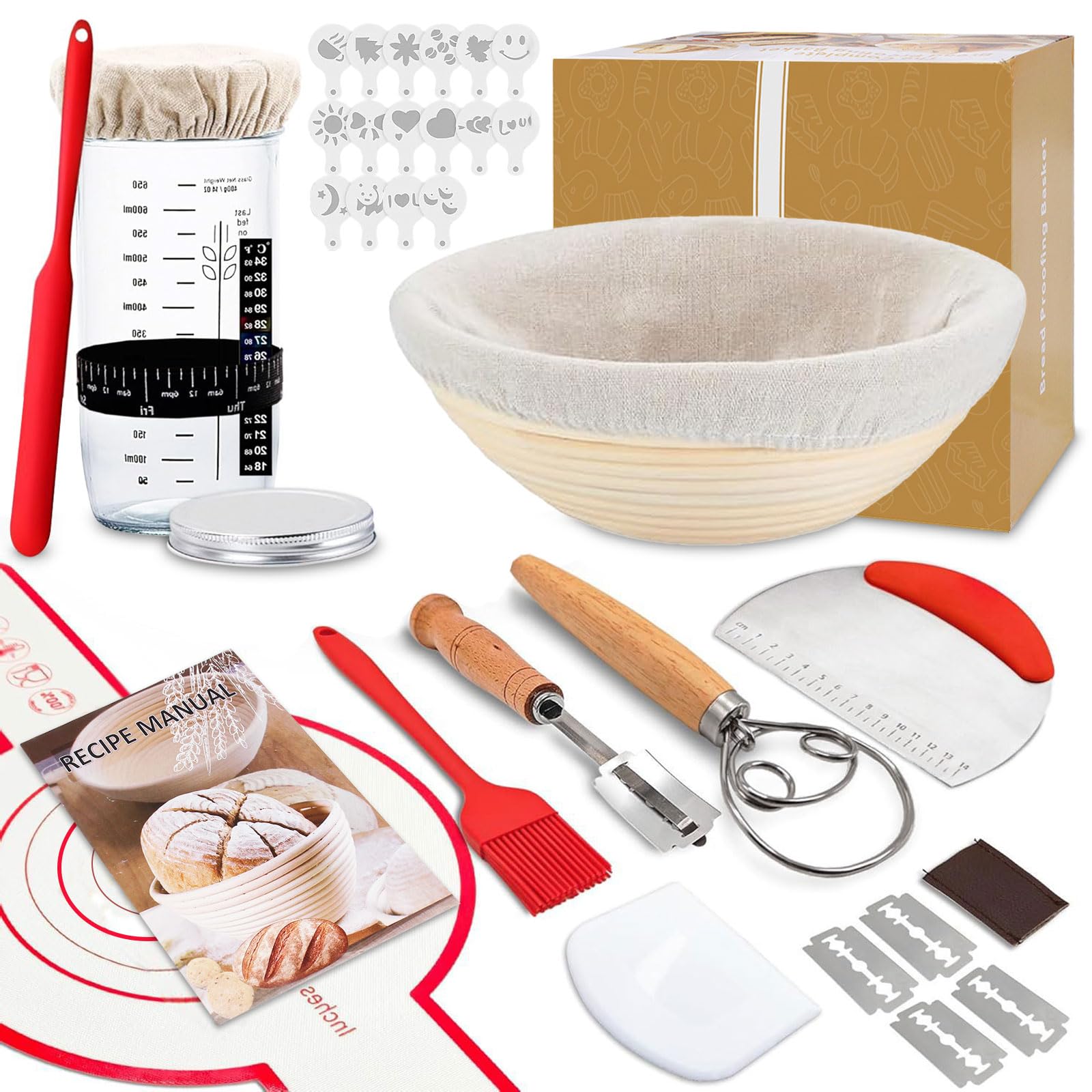 Cesta de Fermentación Pan 23cm Ovalado 25 Piezas Kit Completo Banetones de Caña Natural para Masa Madre