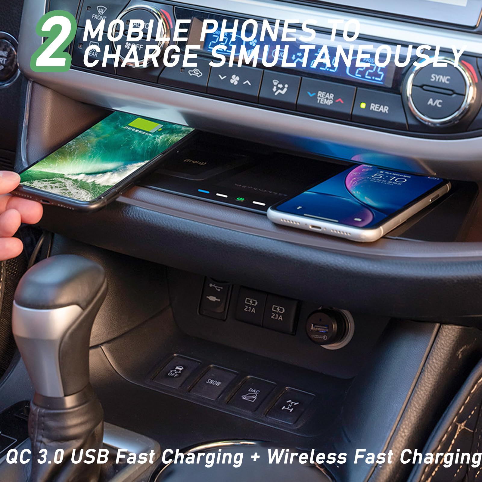 Caricabatteria da auto wireless per Toyota Highlander (2015-2021) tutti i modelli con sistema di raffreddamento a doppio canale d'aria Accessori di aggiornamento con ricarica rapida doppia da 15 W