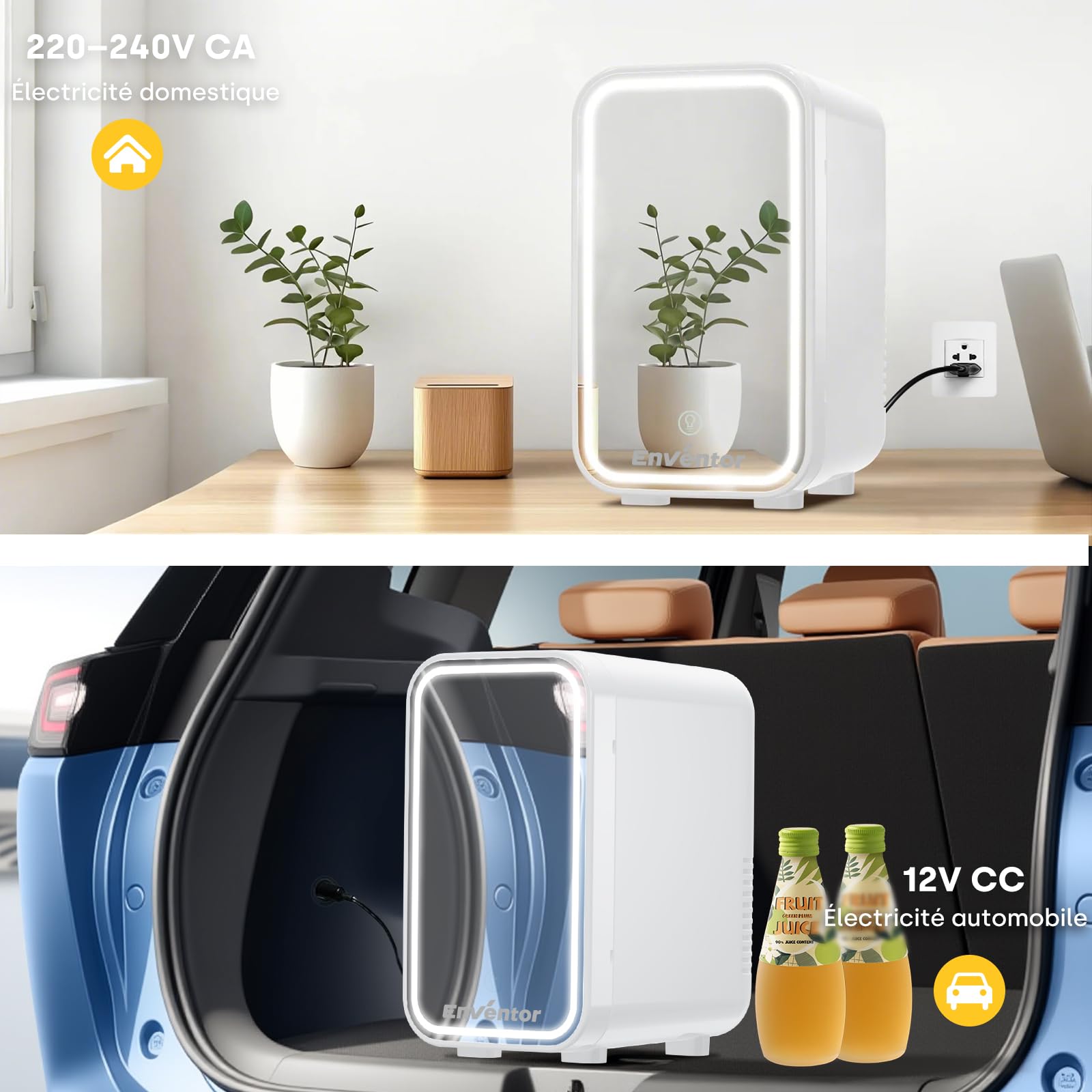 Enventor Mini Frigo avec miroir lumineux LED, 6L/8 canettes, Blanc | Petit Frigo pour soins de la peau, CA + 12V CC, refroidisseur et réchauffeur, pour chambres, voiture, cosmétiques