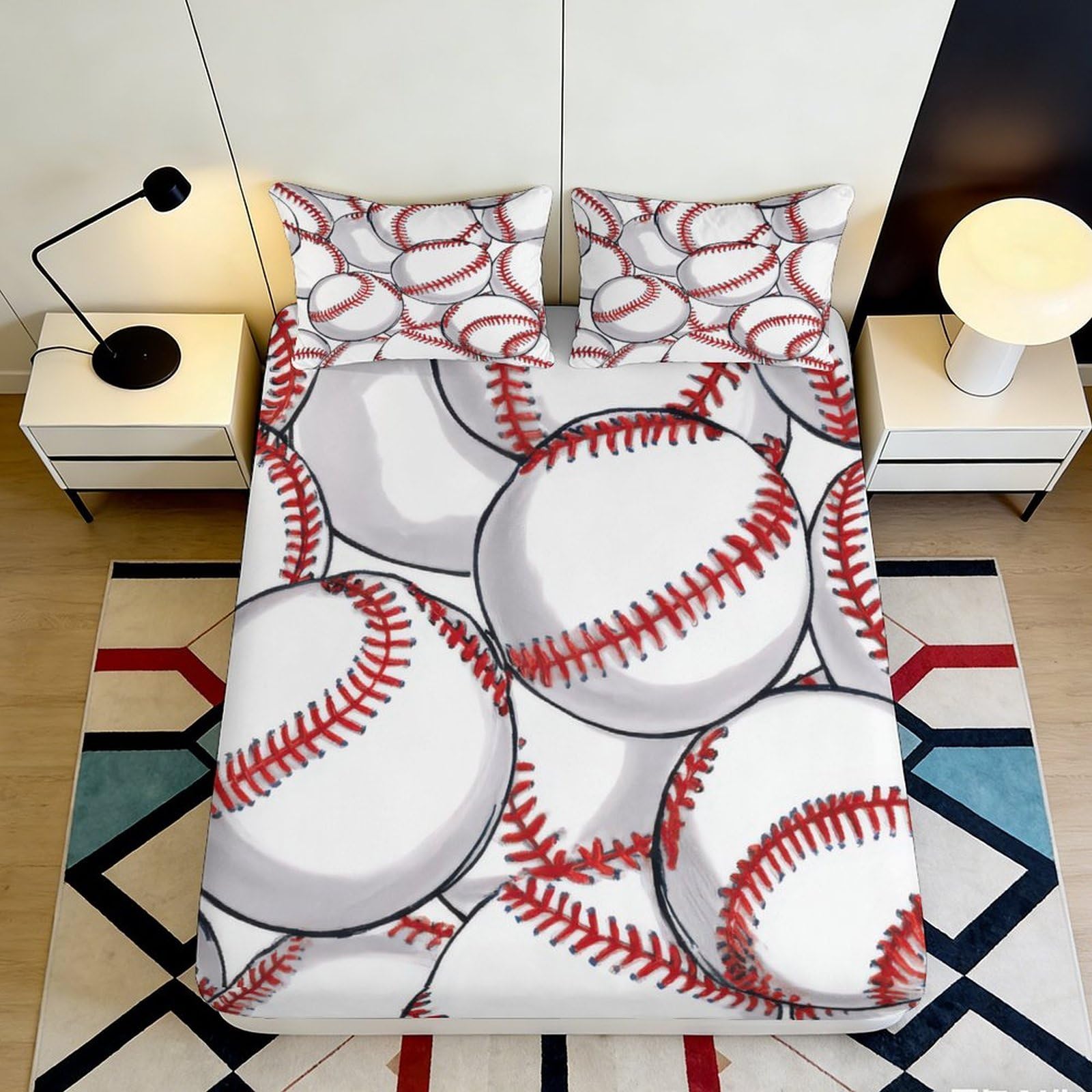 3D Printed Baseball Fitted Sheet Microfiber Deep Pocket Non-Slip Bedroom Bedding Baseball Mattress Fitted Cover for Adults Teens 90x200x25cm