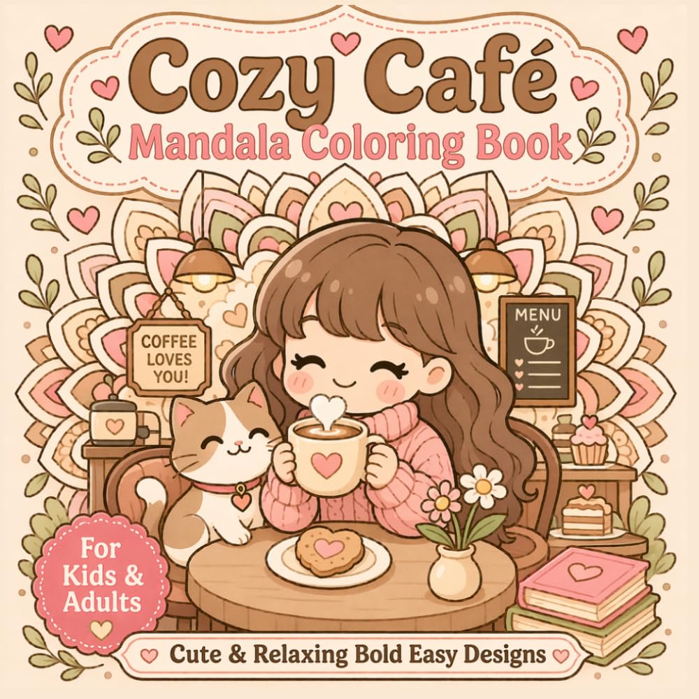 Cozy Café Mandala Coloring Book for Kids & Adults: Cute & Relaxing Bold Easy Designs with Cats, Coffee & Simple Mandala Patterns