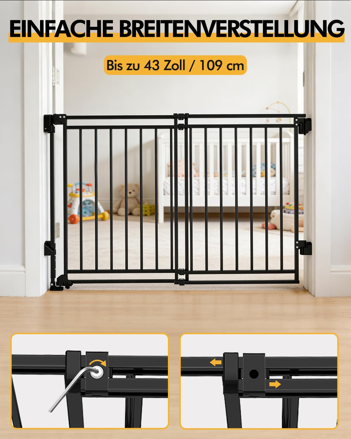 derimkcoa extra breites Treppenschutzgitter von derimkcoa, 74 cm hoch, Sicherheitsgitter für Kinder und Haustiere verstellbare Breite von 67–109 cm, Schwarz