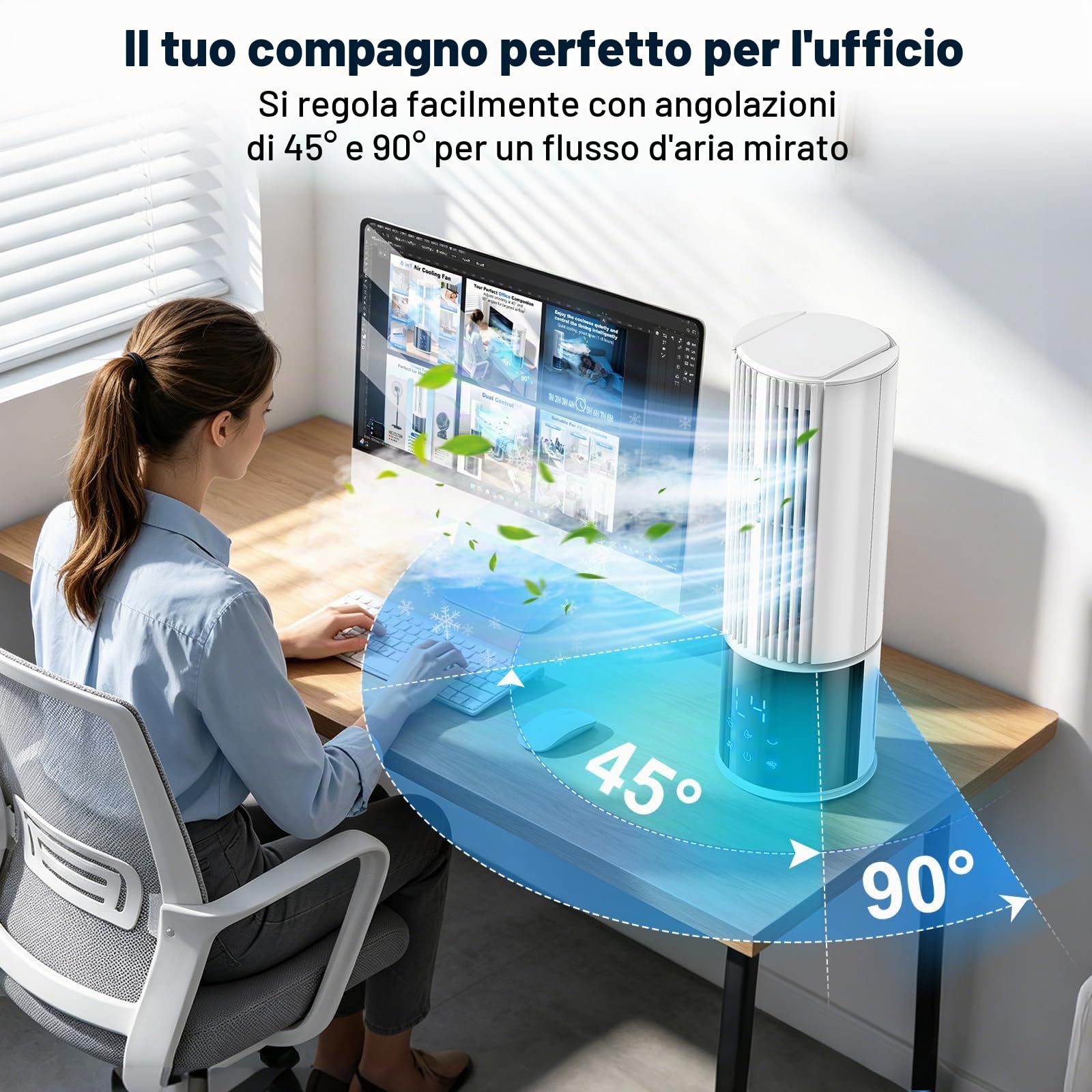 Climatizzatore portatile 6in1, umidificatore con 3 velocità, modalità Turbo, aria notturna, funzione nebbia e timer (1-8 ore), oscillazione 45°/90°, perfetto per casa e ufficio (Avorio)