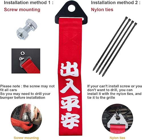 Miniatura 4 de Xotic Tech - 2 piezas de parachoques delantero rojo JDM Racing de nailon con correa de remolque con eslogan chino de acero + gancho de remolque de