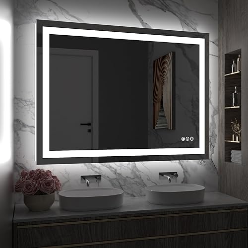 Amorho Espejo de baño LED de 40 x 30 pulgadas con luz frontal y retroiluminado, espejos de pared regulables sin escalones con antiniebla, a prueba