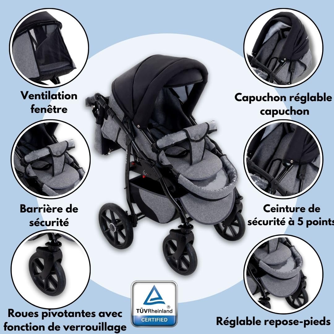 Poussette combinée 3 en 1 Boston avec nacelle, siège-auto et accessoires, Landau Certificat TÜV, Noir