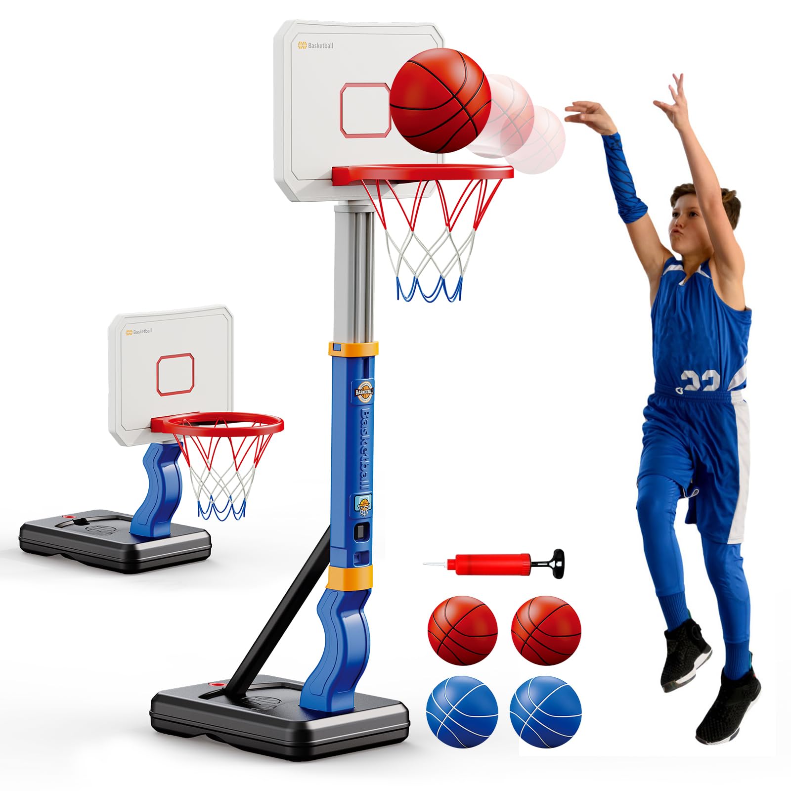Toddler Basketball Hoop, Adjustable Height 2.3-4.5ft Baby Basketball Goal Set with 4 Balls & Pump, Backyard Poolside Basketball Toy for Boys & Girls