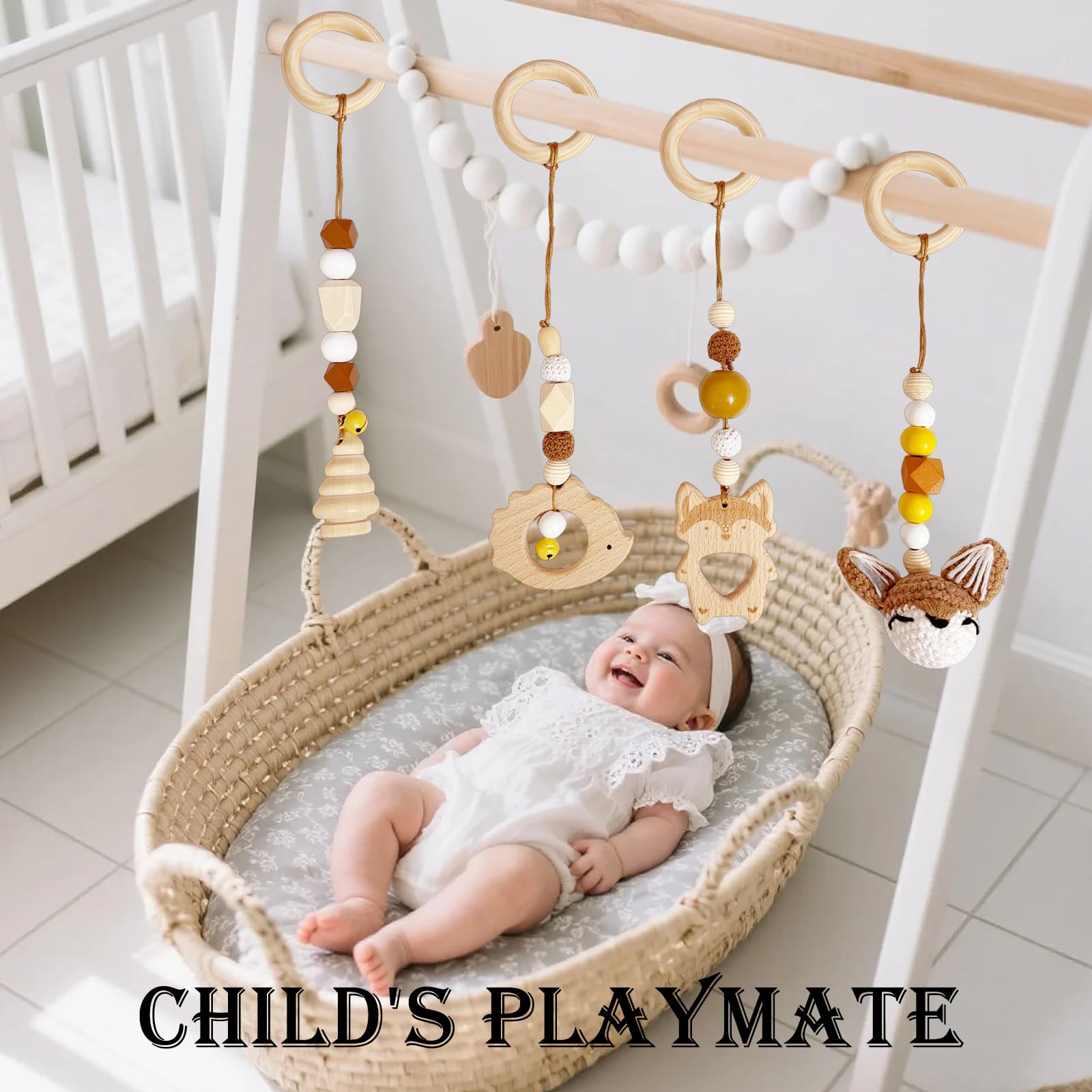 Whcctl 4 stuks speelboog voor baby's, speeltrapezium voor baby's, babygym, houten hanger, speelboog, voor meisjes en jongens, babyspeelgoed, vanaf 0 maanden, roze