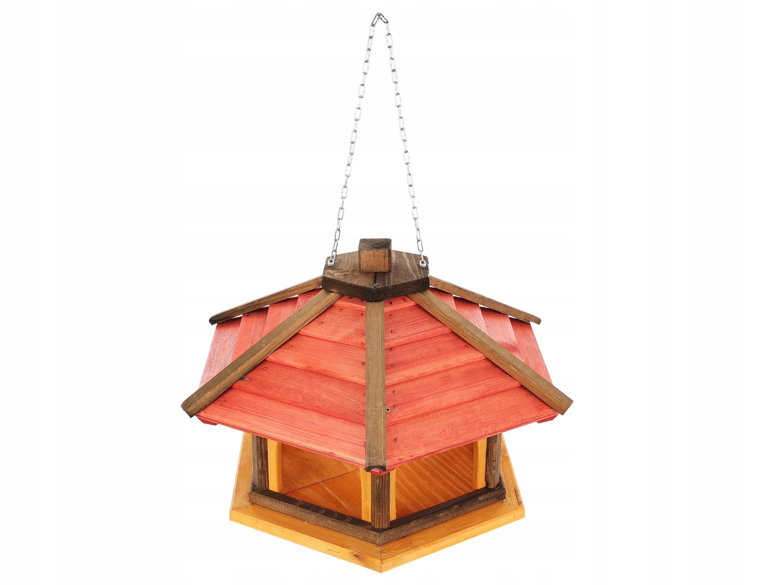 MAZUR Vogelfutterhaus mit Kette 47x31x66 cm Holz Rote Futterhütte zum Hängen im Garten, Hängen Wildvögel für Balkon, Wetterfest
