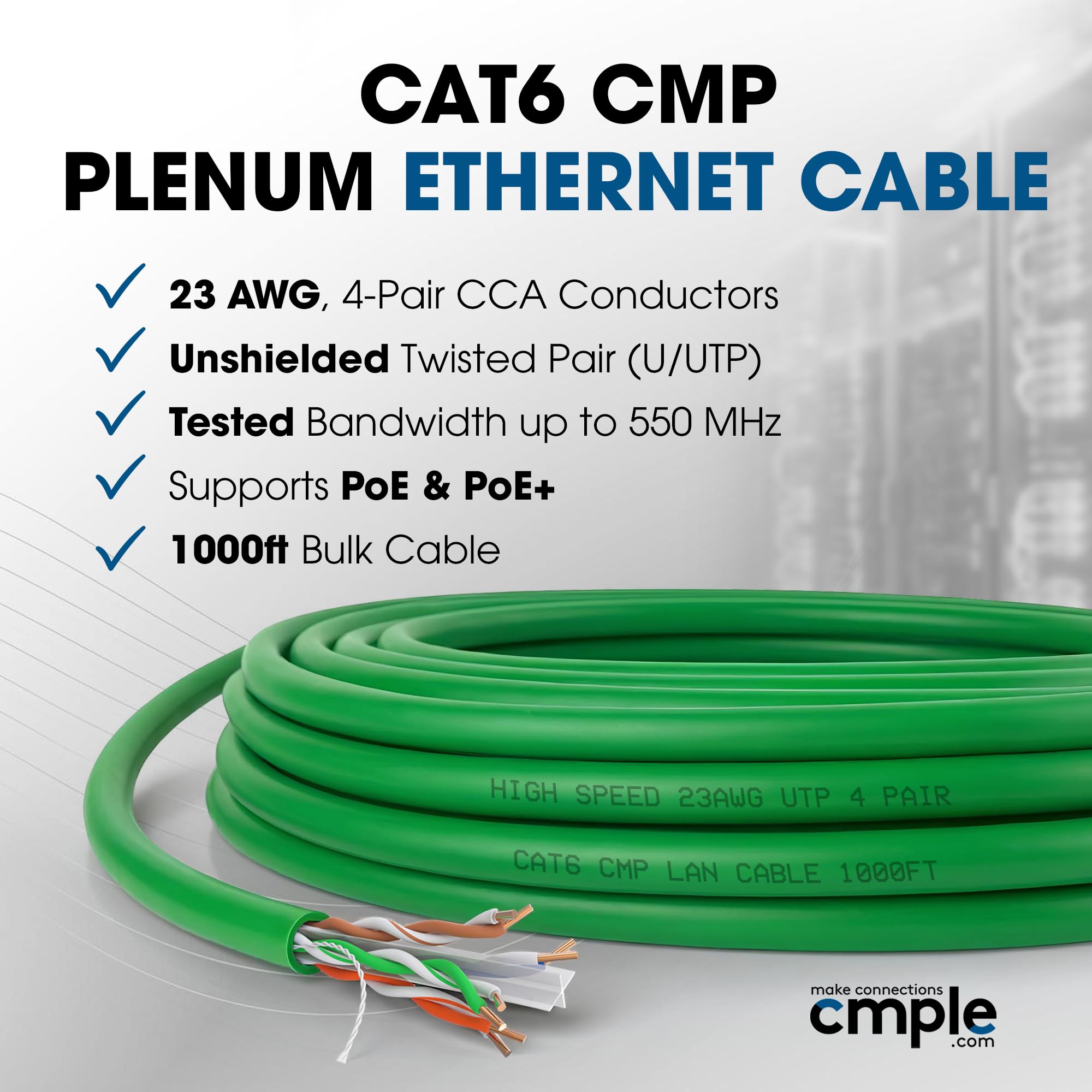 Cmple - Cavo Ethernet Plenum Cat 6 da 304,8 m, cavo Cat6 (CMP) 350 MHz a doppino intrecciato non schermato (UTP) 10 Gigabit, cavo Ethernet bulk - verde