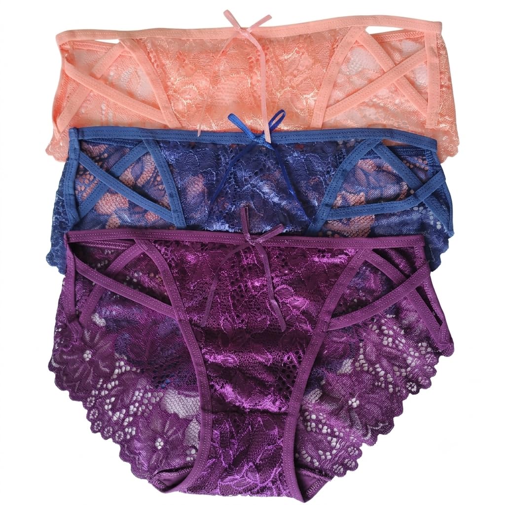 Floral Lace Bikini - Pack of 3 - Peach + Purple + Navy Blue-picture-34