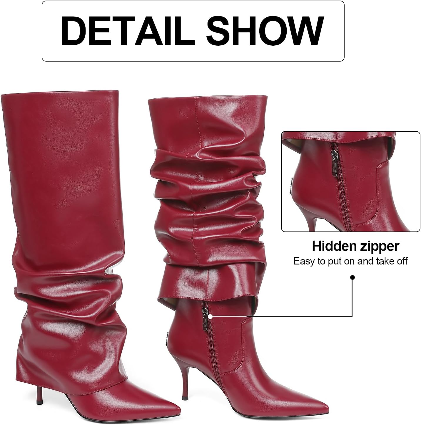 Womens Knee High Boots, Fold Over Shark Boots Stiletto Heels Slouchy Long Boot Pointed Toe Thigh High Dress Shoes Sexy Fashion Tall Boot for Women with Zipper - Image 5