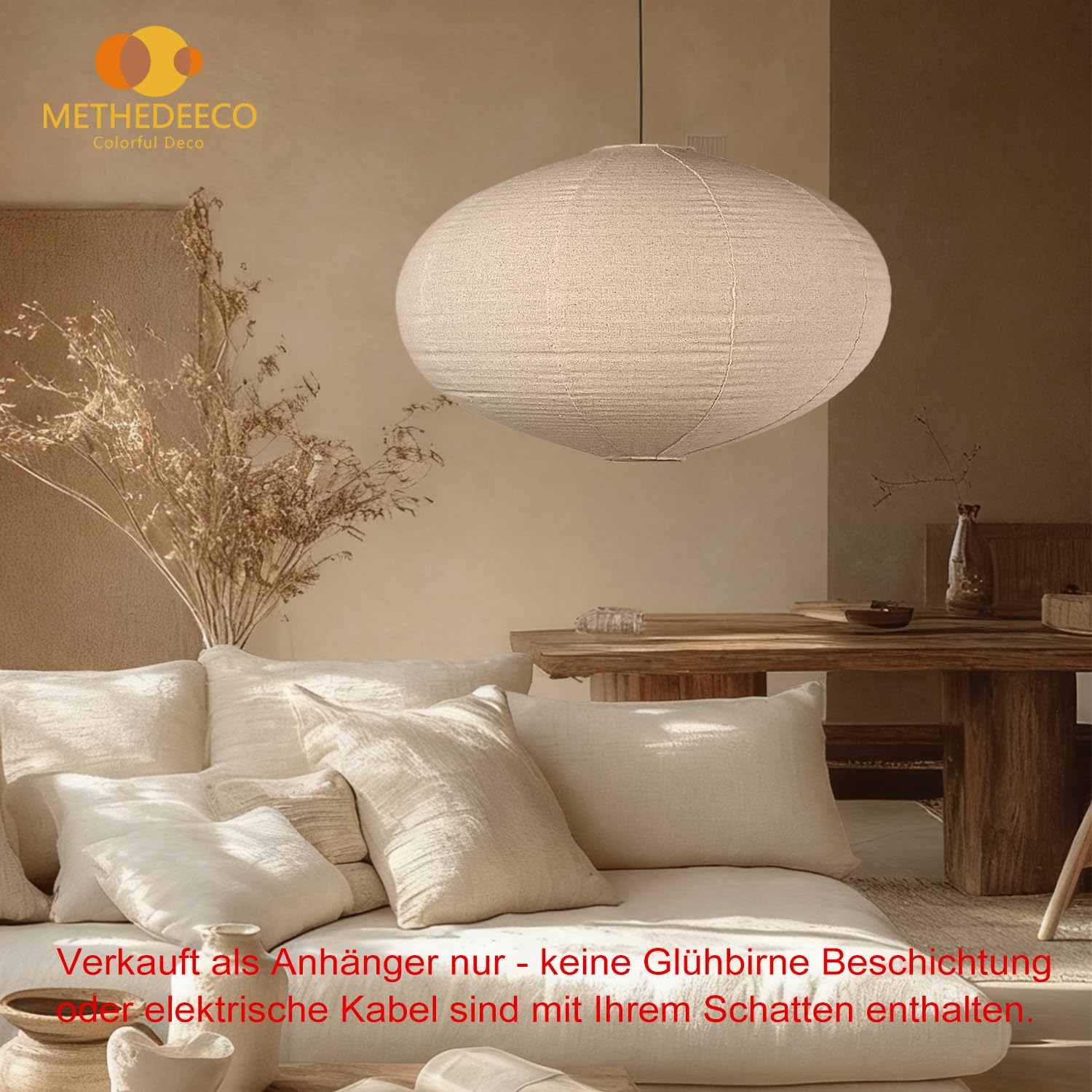 METHEDEECO 1 Pantalla colgante ovalada de 50 cm en tela efecto lino, bohemio pantalla para lámpara de techo para salón, dormitorio y comedor, luz suave, sin bombilla ni cable