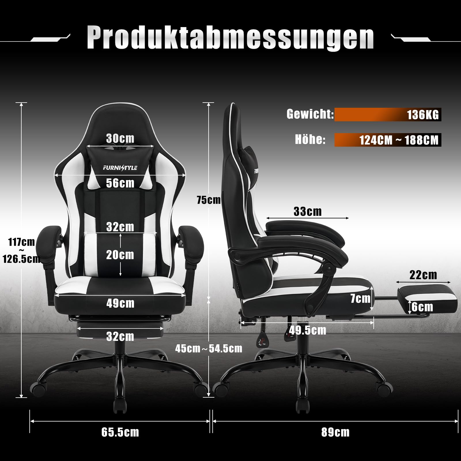 Hellove Chaise Gaming Ergonomique avec Repose-Pieds, Fauteuil de Bureau Réglable en Cuir PU, Support Lombaire, Accoudoirs Synchronisés, pour Adultes et Adolescents, Noir et Blanc