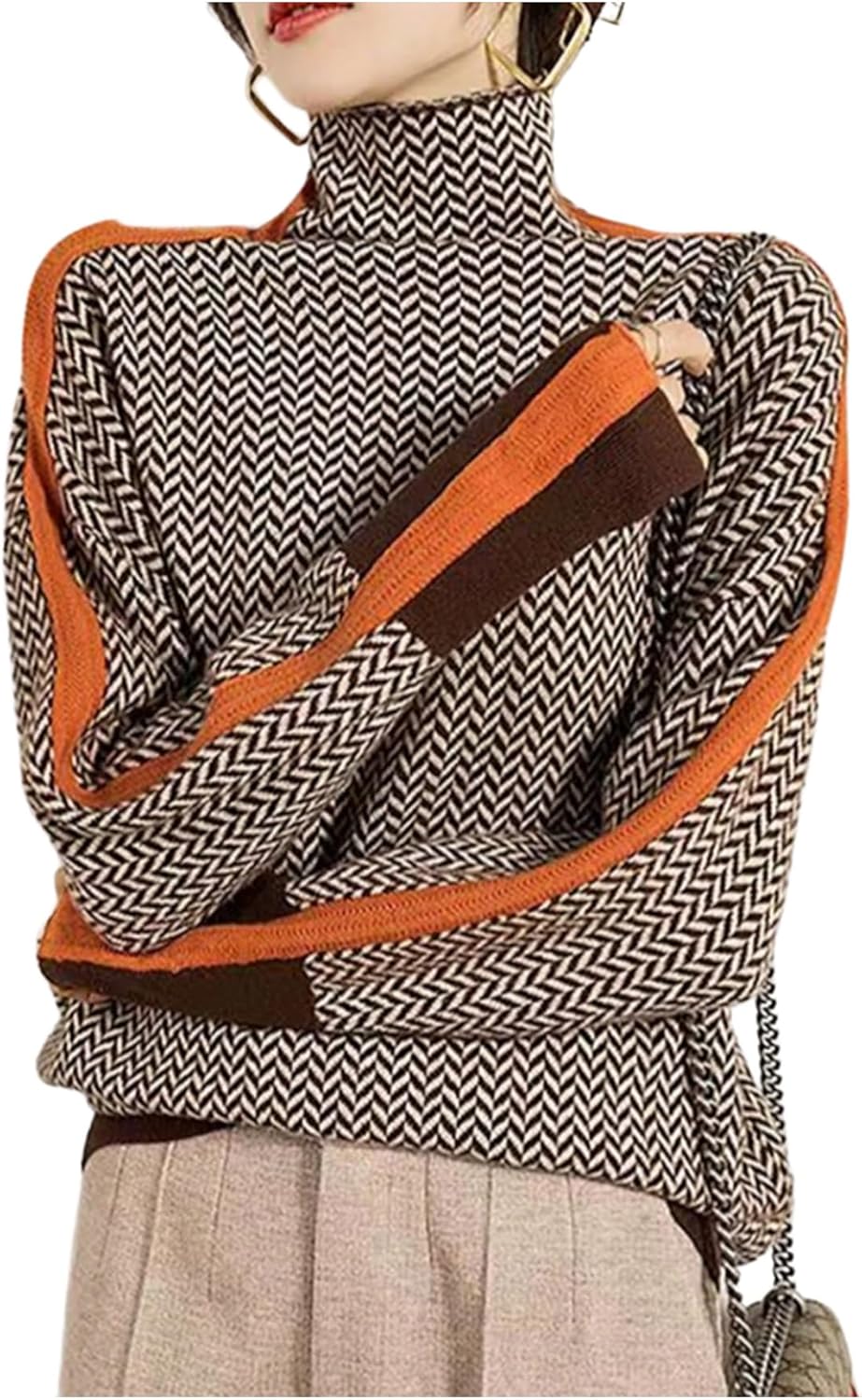 Women's Fall Sweater Long Sleeve Pullover Sweaters High Neck Chevron Knitwear Tops