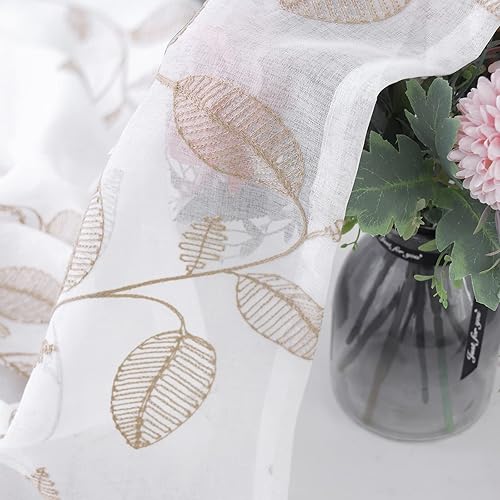 Miniatura 6 de BGment Cortinas semitraslúcidas para dormitorio de 63 pulgadas de largo, cortinas traslúcidas bordadas con patrón de hojas marrones, cortinas de