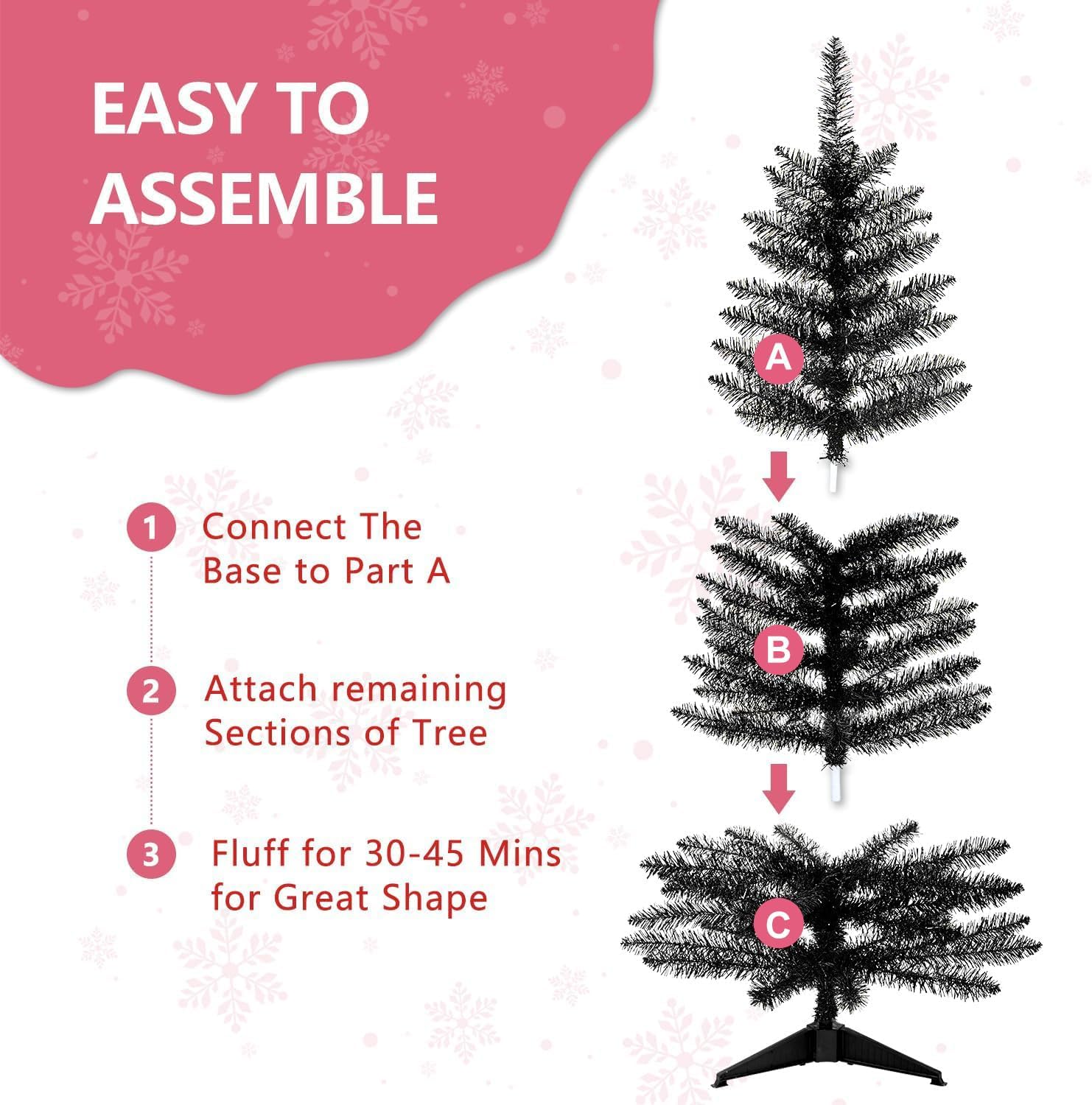 4ft Lighted Artificial Black Christmas Tree, Not Pre-lit Black Tinsel Pine Trees with Lights, Ideal for Ideal for Home, Office, and Xmas Party Décor - Includes Stand