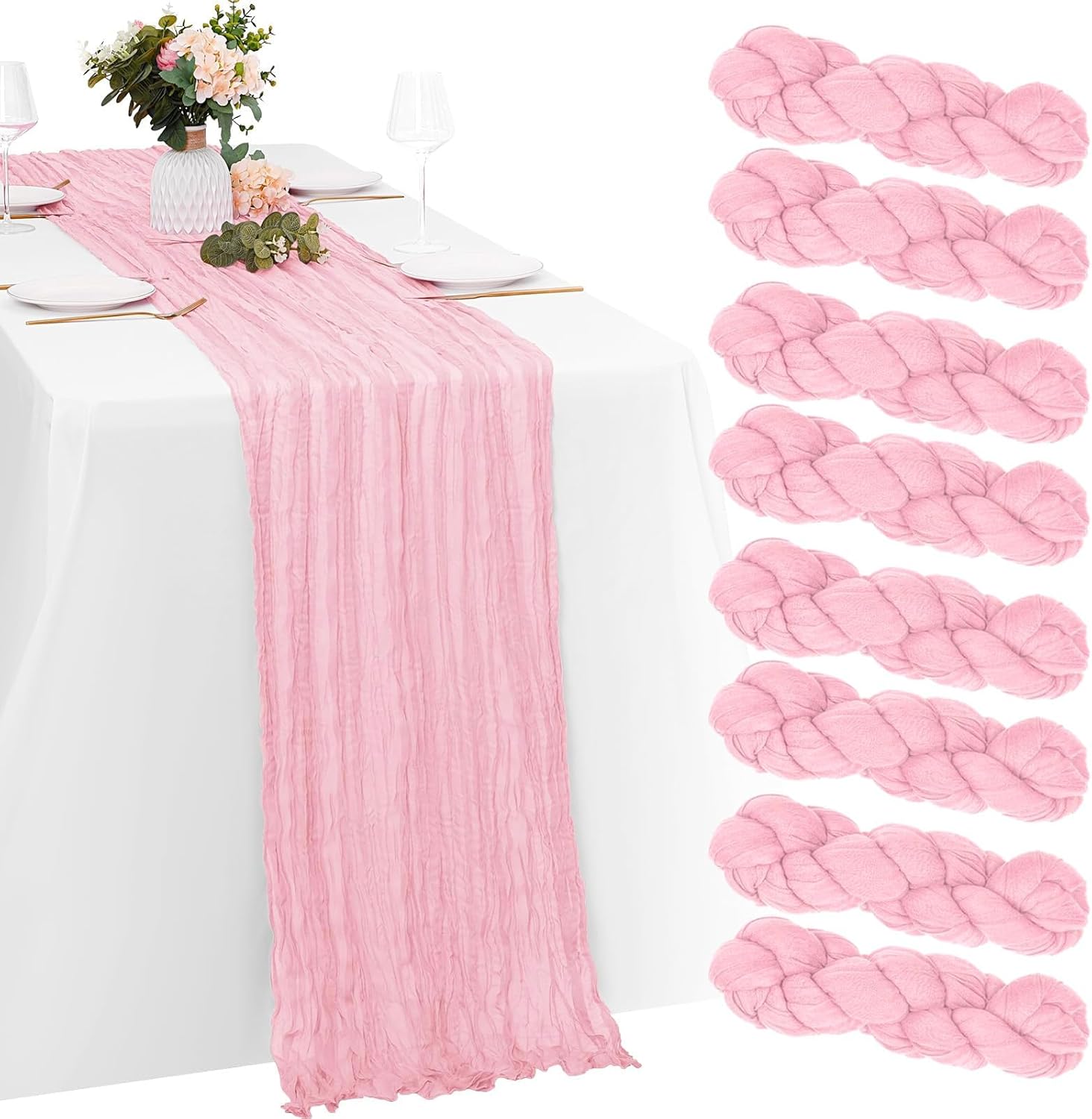 8 Pack Pink Cheesecloth Table Runner 21x120 Inch Gauze Table Runners 10FT Long Semi Sheer Boho Cheese Cloth Fabric Light Pink Table Runner Bulk for Wedding,Party,Baby Shower,Bridal Shower Decoration