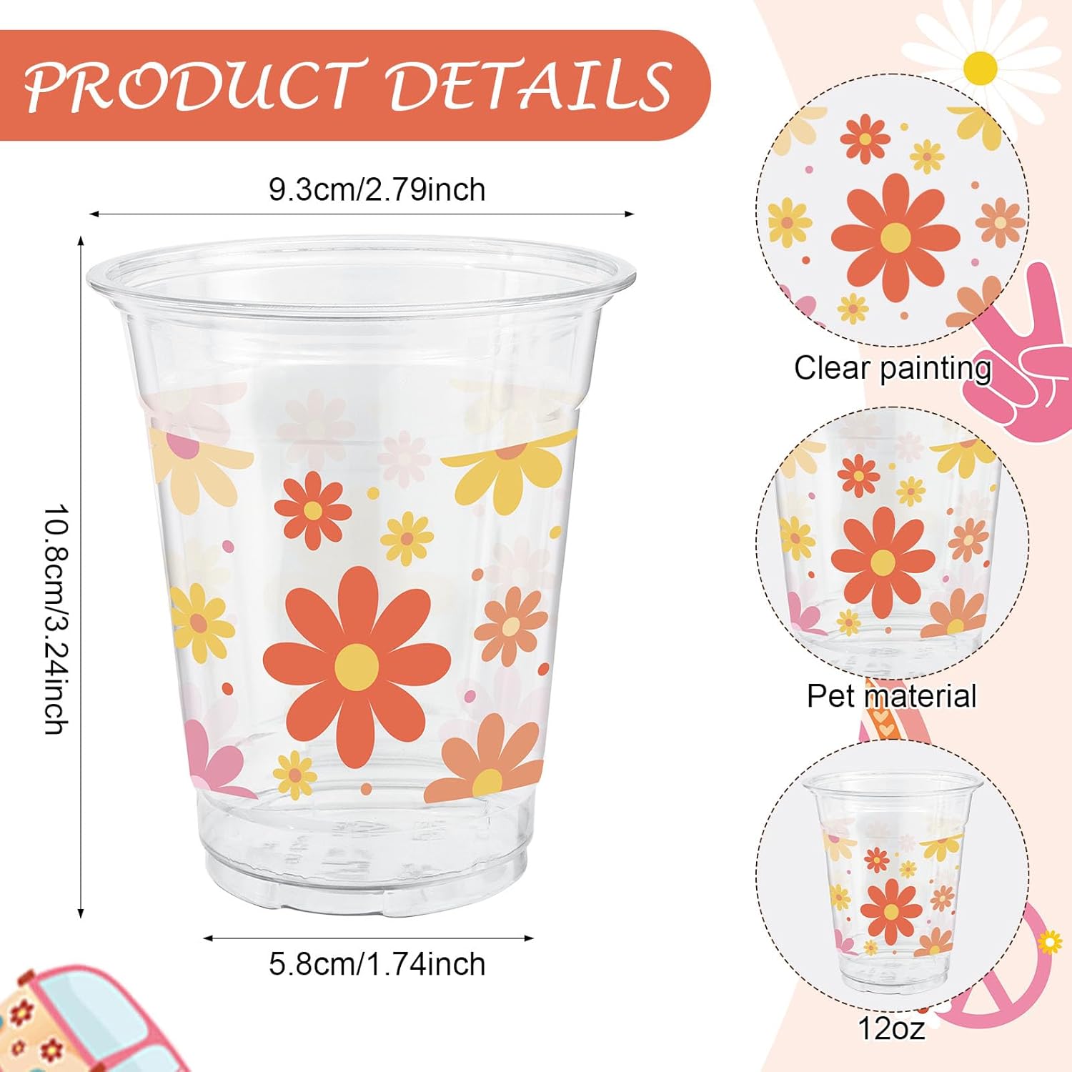 ABURRORI 50 Pcs 12OZ Groovy Plastic cups, Boho Daisy Flower Party Decorations Disposable Retro Hippie Clear Plastic Cups Juice Soda Beverage Holiday Party Favors For Birthday Themed Supplies - Image 2