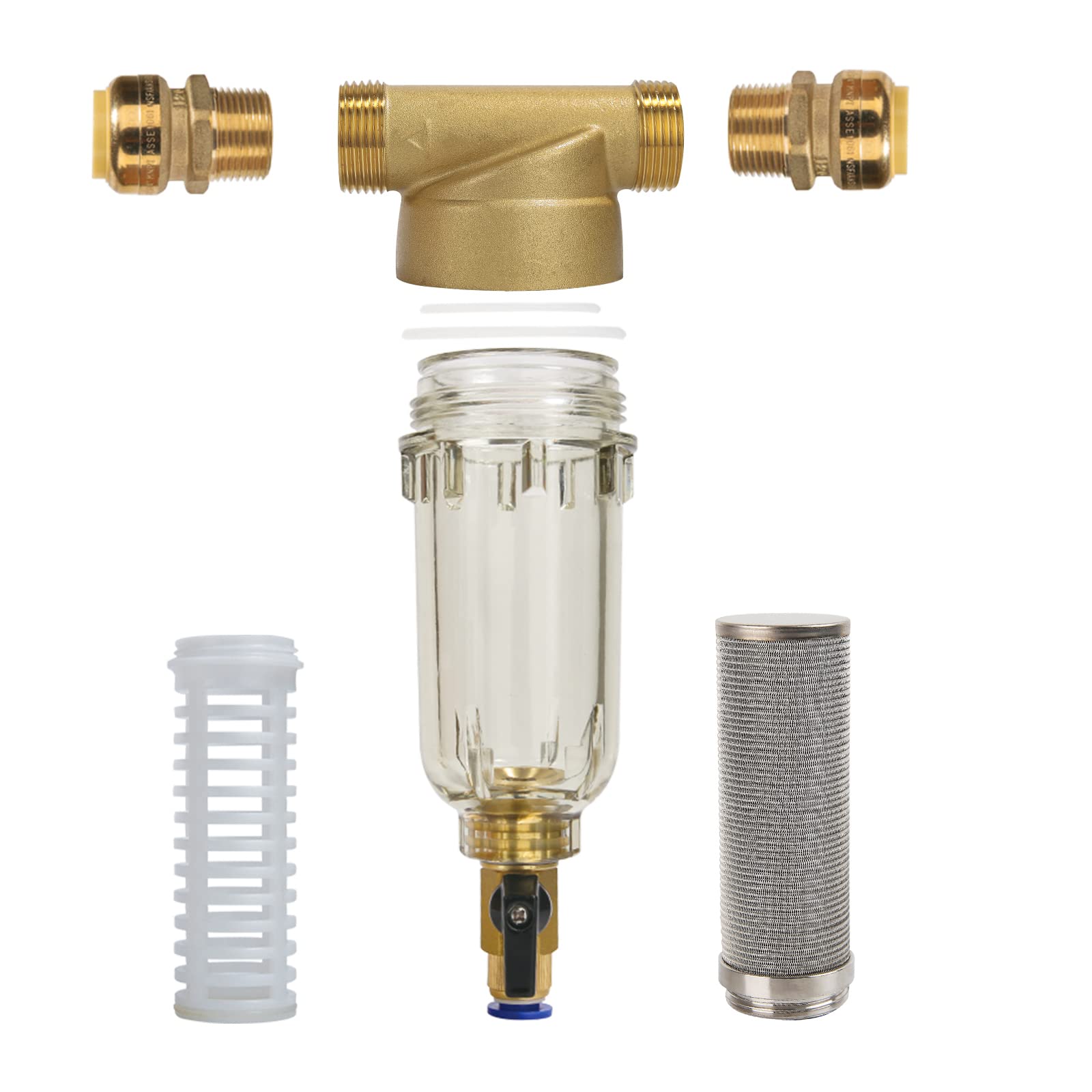 Filtro de agua de sedimento, prefiltro para toda la casa, contiene dos accesorios de empuje para conectar de 3/4 pulgadas, nominal de 50 micras