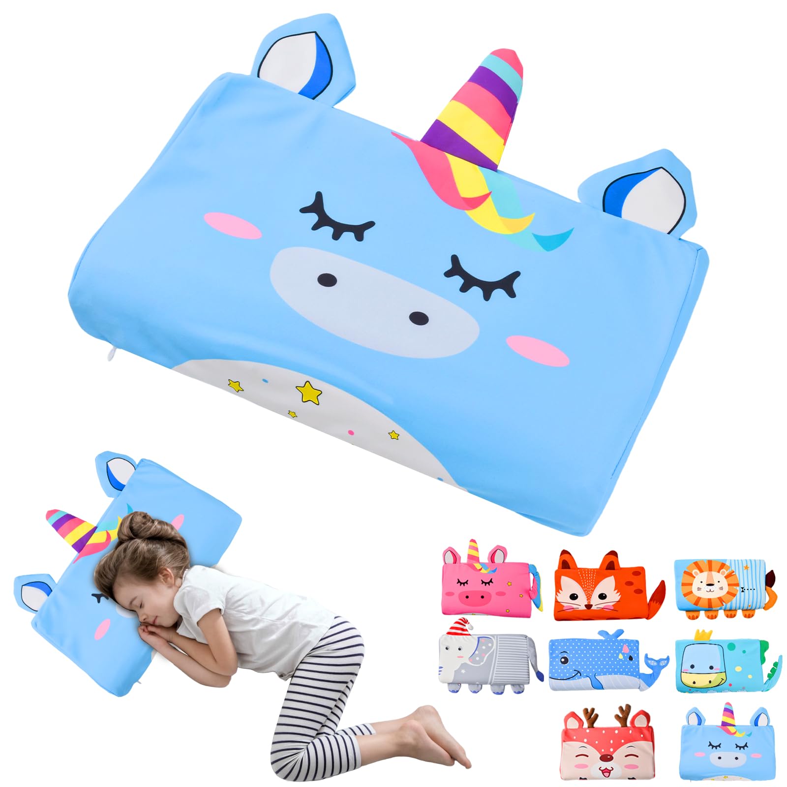 YAOZUP Cuscino Memory Foam Bambini,Cuscino Culla,Cuscino per Bambini con Federa,Ipoallergenico,Anti Acari,Cuscino per Bambini per Sonnellini per Ragazzi e Ragazze (3-10 Anni) (Unicorno blu)