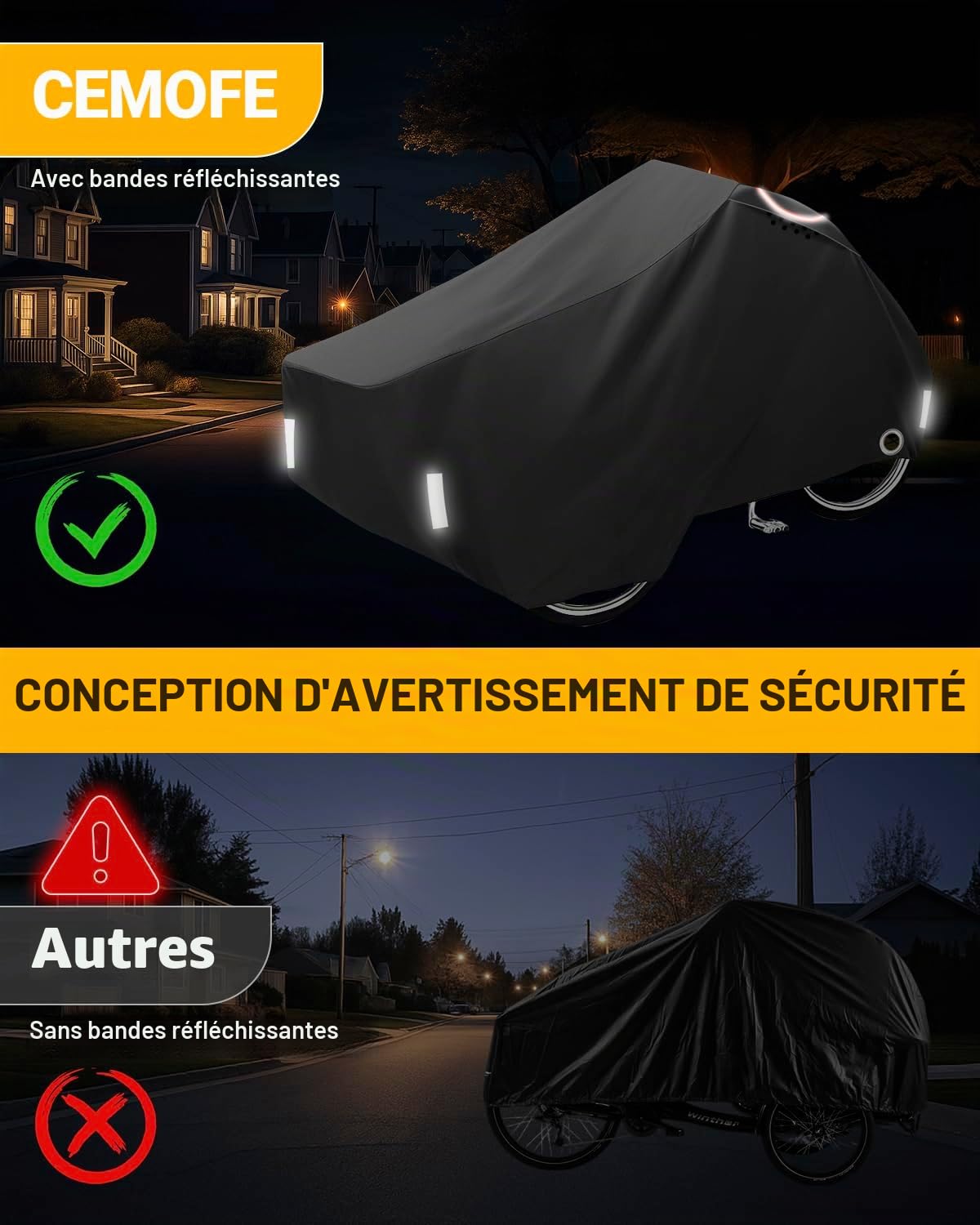 Housse de Protection Vélo Cargo Bache Velo Impermeable Exterieur Housse pour Vélo Cargo avec Bandes Réfléchissantes pour Triporteur 420D Oxford Protection UV 220x105x100cm