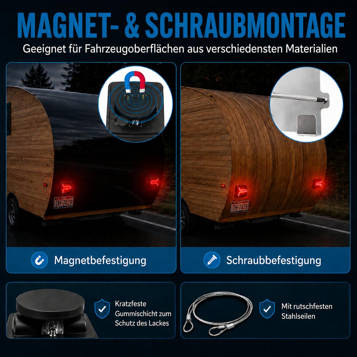 AUTOUTLET LED Rückleuchten Anhänger kabellos 100m Funkreichweite, 12V-24V Rücklichter mit 7 Pin Stecker & 5 Funktion inkl. Kennzeichenleuchte, IP67 Wasserdicht 12H-Akkulaufzeit, für LKW PKW Wohnwagen