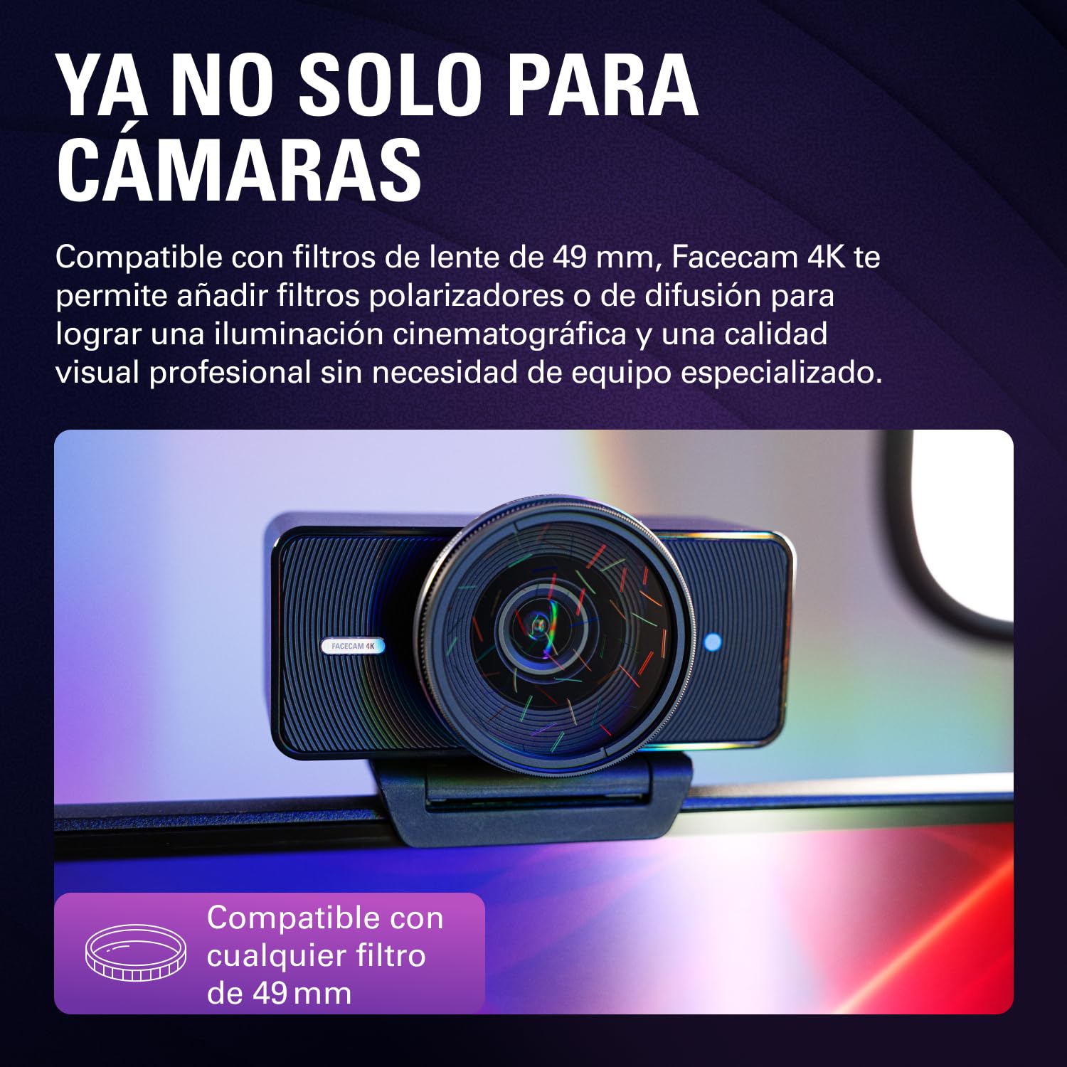 Elgato Facecam 4K - Cámara Web de Estudio 4K60, Control Tipo DSLR, Efectos Cinematográficos, Filtros de Objetivo de 49 mm, HDR, Vídeo sin Compresión, Área de Enfoque Optimizada | USB-C para PC y Mac