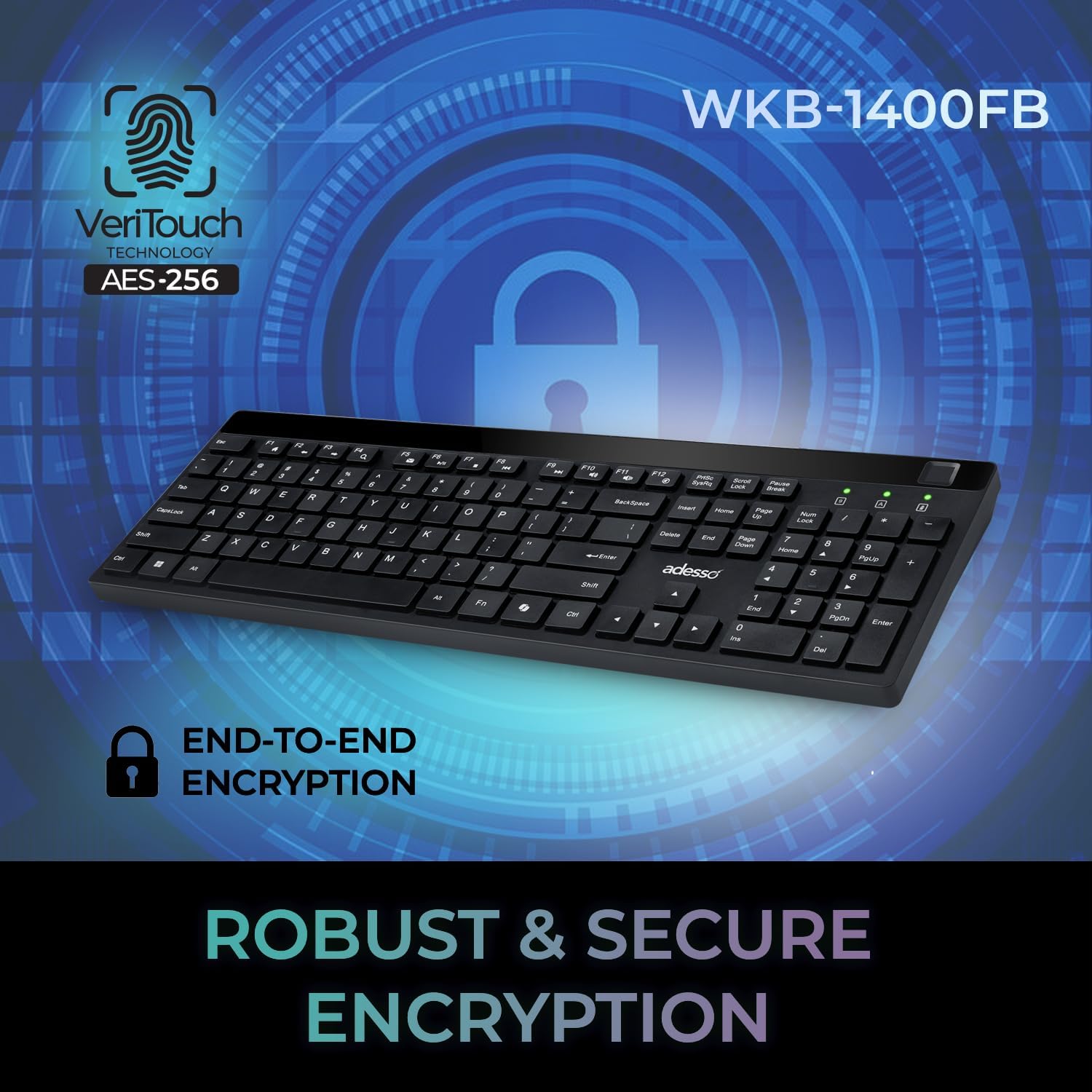 Adesso WKB-1400FB Wireless Keyboard with Built-in Fingerprint Reader, 2.4GHz Full Size 104-Key Low Profile Keyboard, AES 256-Bit Encrypted, Windows Hello Compatible for Windows 10 11