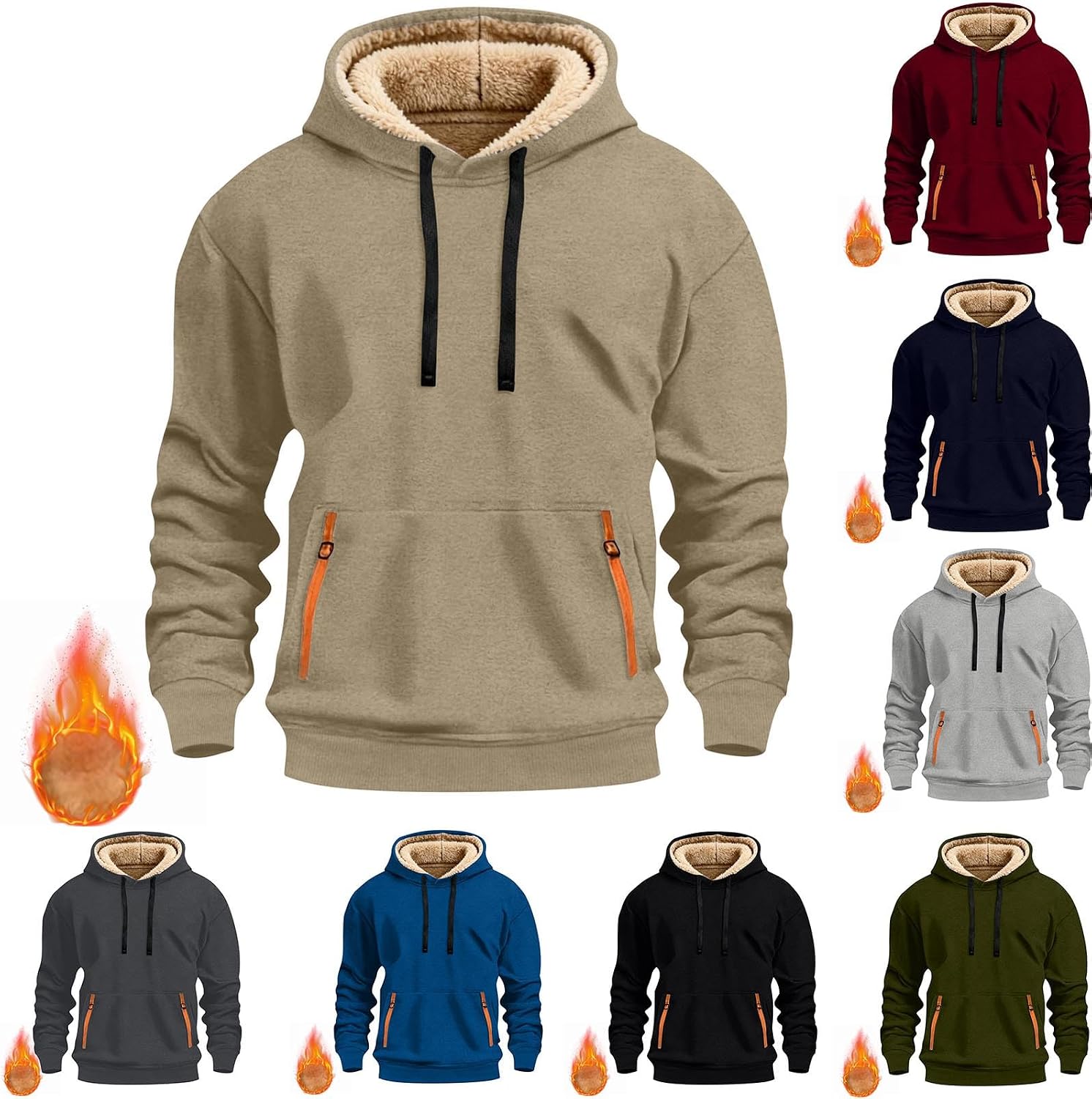Cambkatl Sherpa Lined Hoodies for Men Long Sleeve Outdoor Workout Casual Pullovers Fleece Cargo Sweatshirt