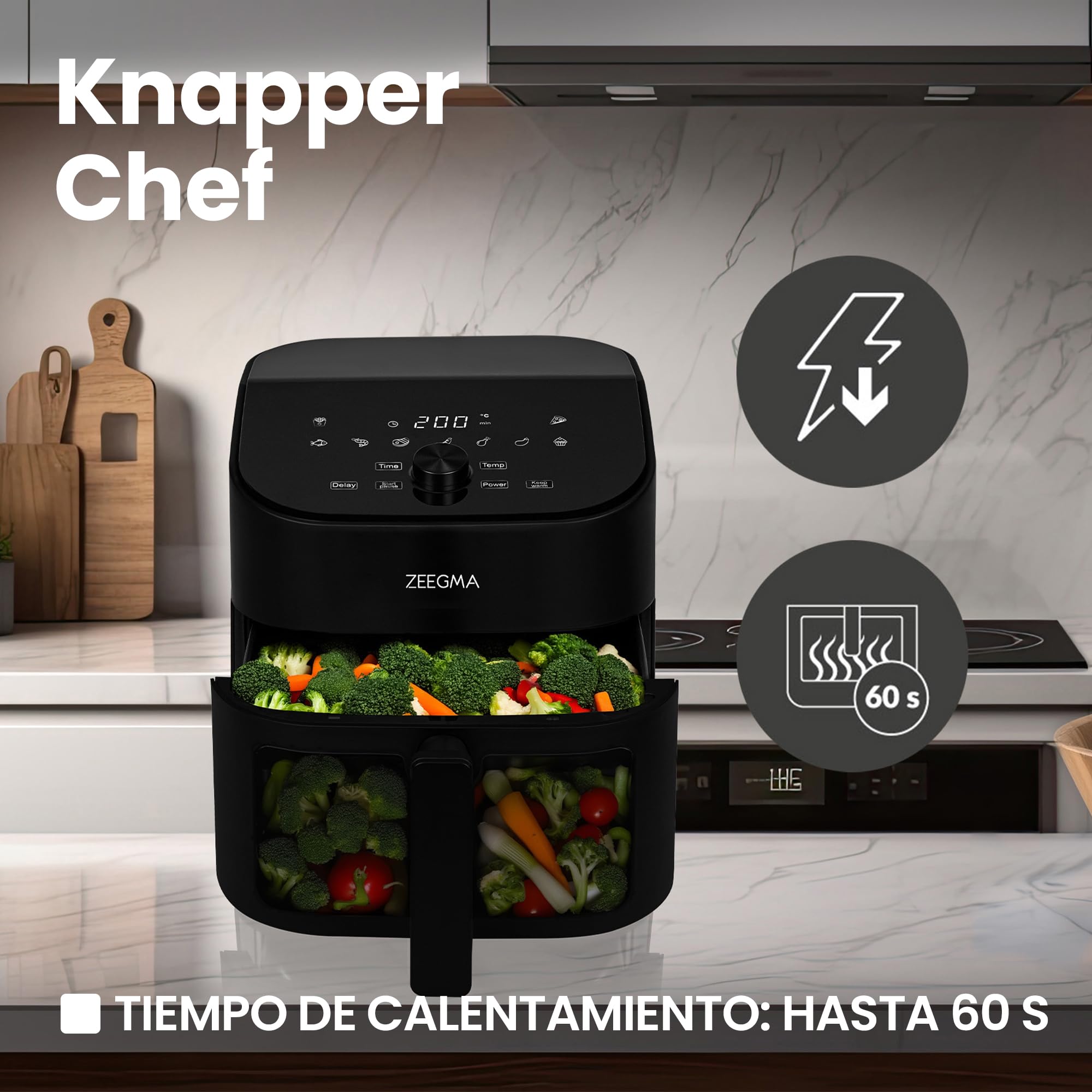 Freidora de Aire Zeegma Knapper Chef 6,5L - Cocina Saludable sin Aceite con 10 Programas Automáticos, 1600W, Calentamiento Rápido en 60s, Pantalla Táctil LCD, Fácil de Limpiar