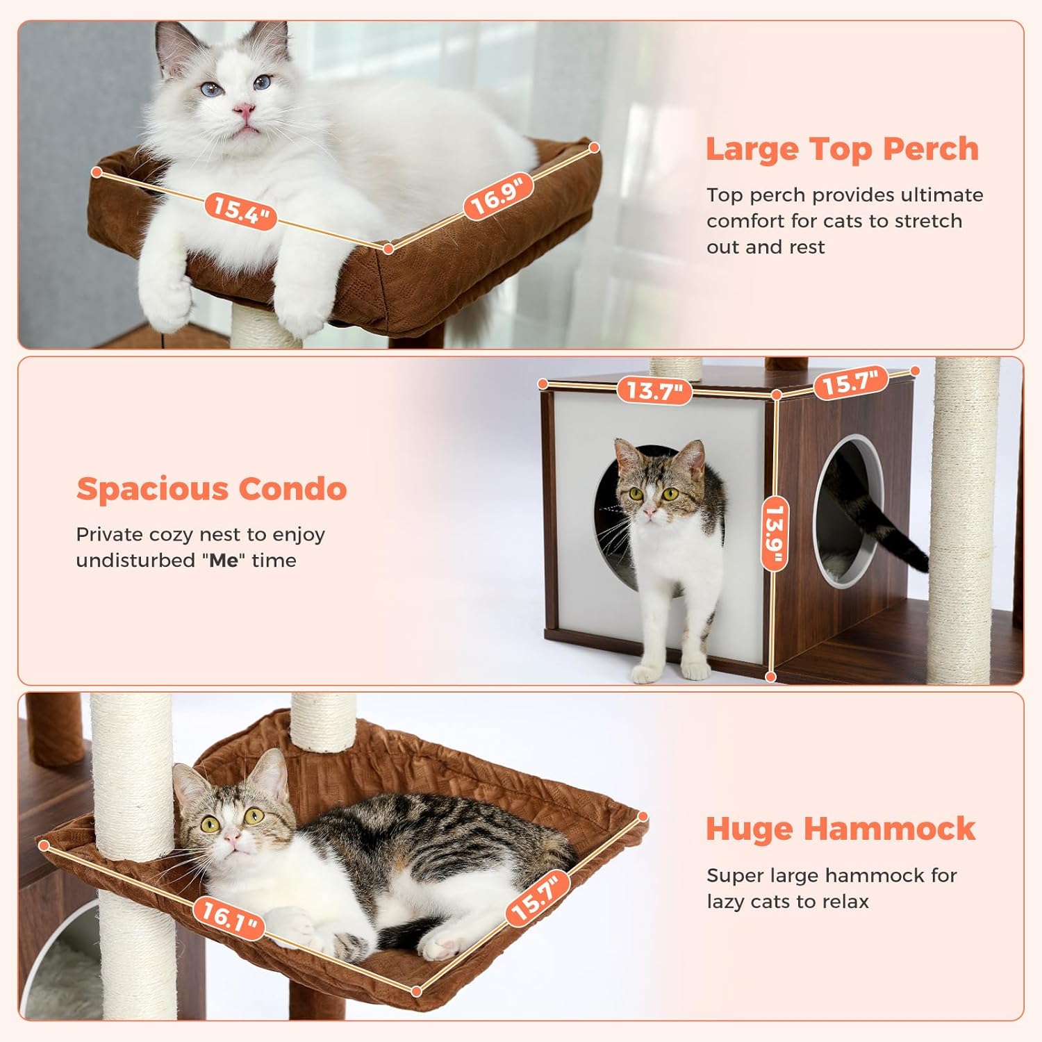 52" Wood Cat Tree for Large Cats, Modern Cat Tower with Fully Sisal Covered Scratching Posts, Luxury Cat Furniture with Spacious Perch, Super Large Hammock, Cozy Condo and Swing Tunnel Brown