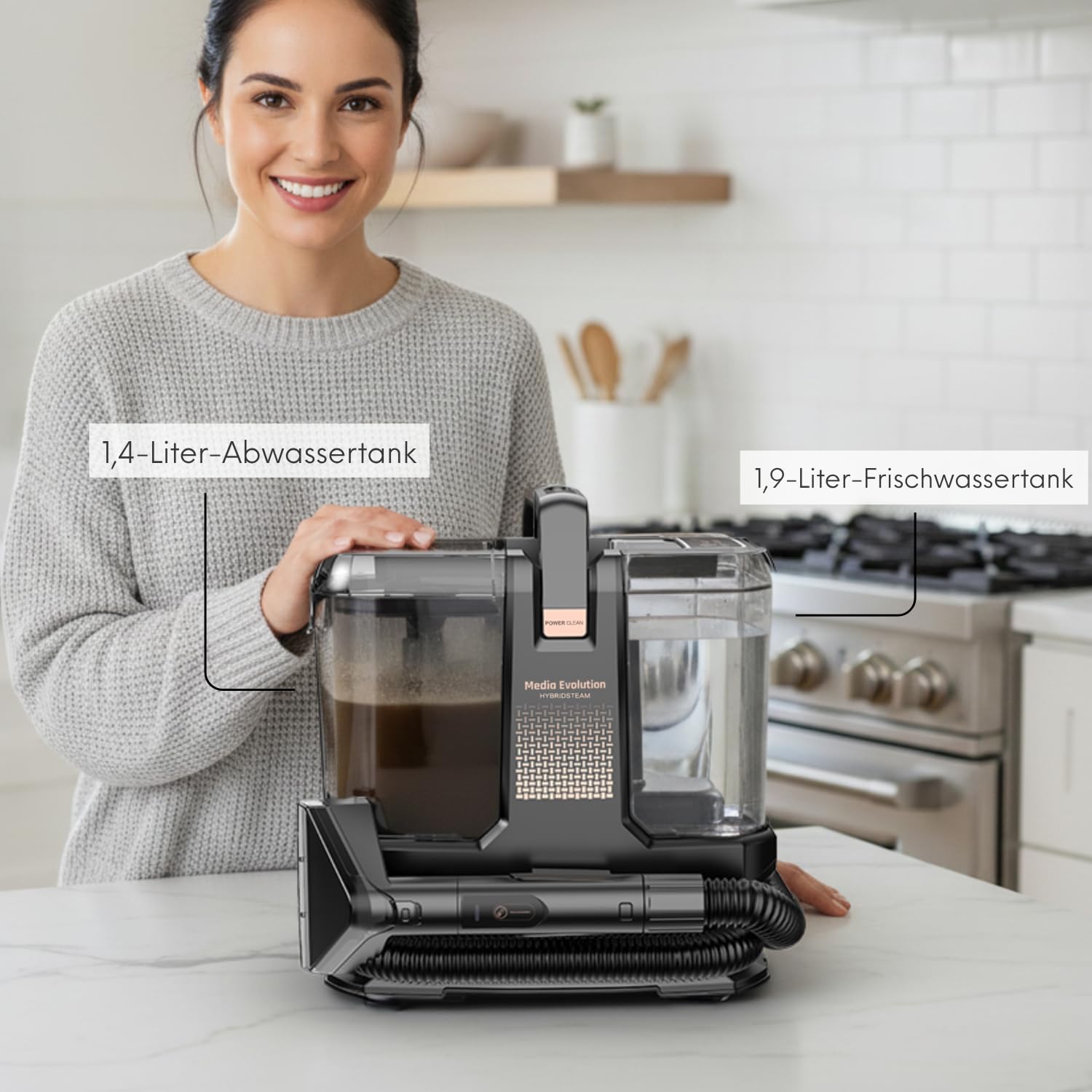 Media Evolution Polsterreiniger Gerät und Nassauger | Teppichreiniger und Dampfreiniger, 8 Aufsätze, 1800 W, 100 °C Dampf, Für Teppich, Polster, Autositze, Sofa, Möbel, Matratzen