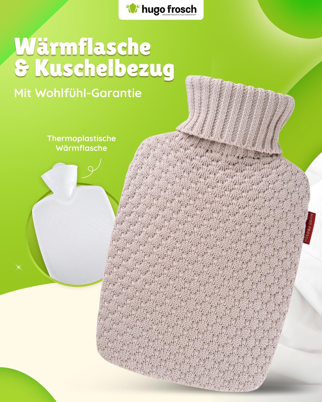 Hugo Frosch Borsa dell'acqua calda Classic Plant 1,8 l, con rivestimento in maglia biologica, sabbia