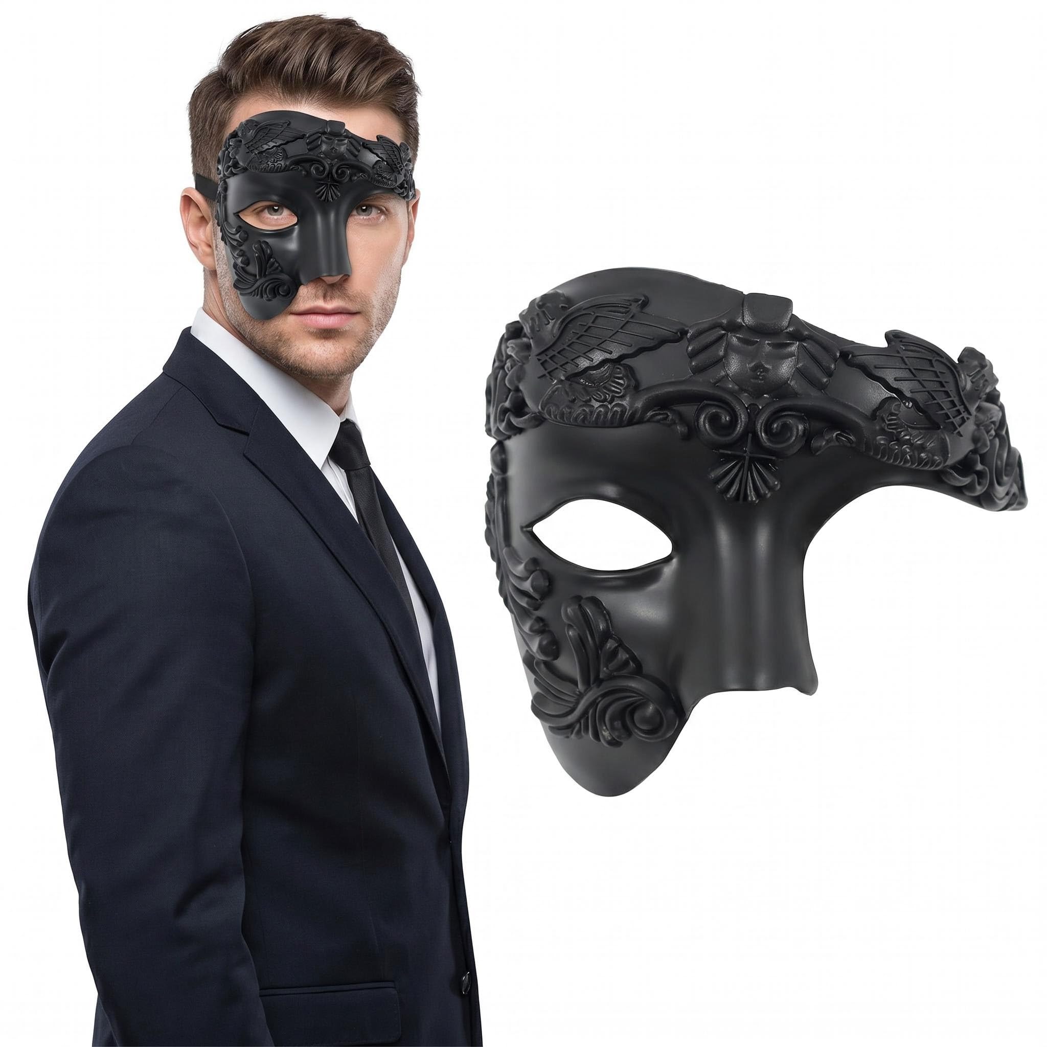 SINJAETRQ Masquerade Mask for Men - Vintage Venetian Masquerade Masks Half Face, Retro Embossed Black Mask for Halloween, Mardi Gras, Masquerade Ball, Costume Mask Party, Phantom Style