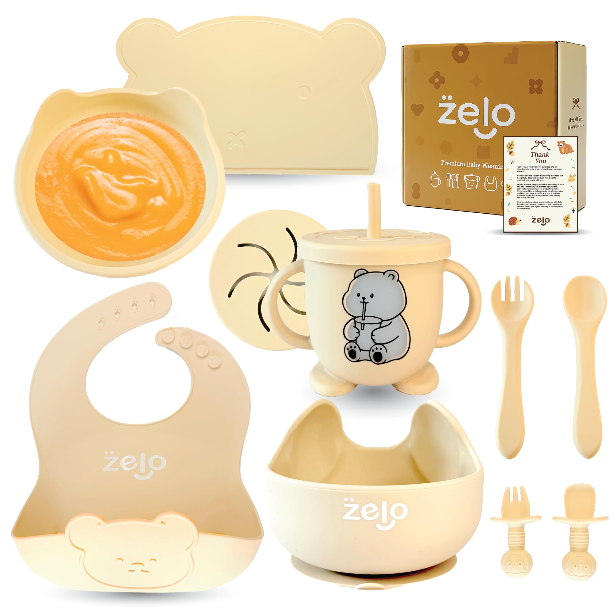 ŻELO 10-Piece Beige Baby Weaning Set/Baby Feeding Set, BPA-Free Silicone with Strong Suction Bowl & Plate, Straw Cup, Bib