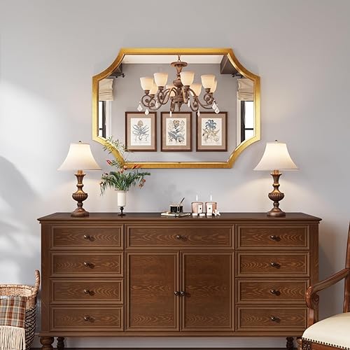 Miniatura 4 de Kelly Miller Espejo de baño dorado para pared, espejo de tocador dorado de 20 x 28 pulgadas, espejo festoneado, espejo de pared decorativo biselado