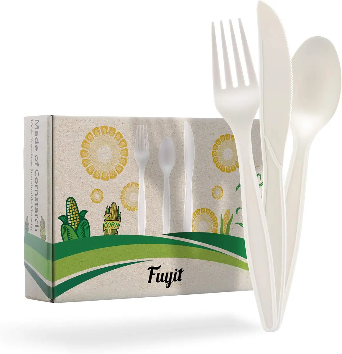 Fuyit 150 Count Compostable Cutlery Set, Disposable Biodegradable Utensils Eco-friendly Durable Cornstarch Flatware Includes 50 Forks, Knives &amp; Spoons for Party, BBQ, Picnic &amp; Potlucks (White)