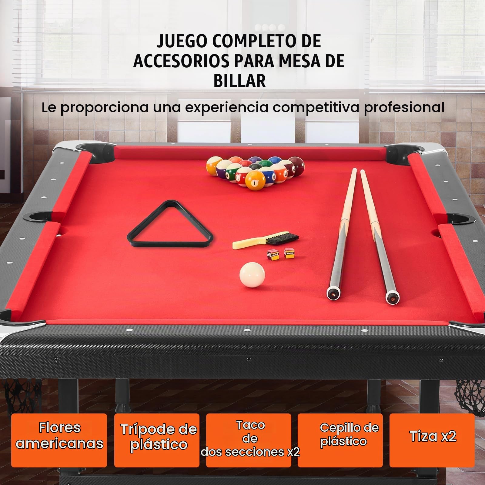 VEVOR Mesa de Billar 213,4x120x80,5 cm Kit de Billar Plegable y Portátil Set Completo de Accesorios con Bolas, Tacos, Tizas y Pincel Color Negro con Tela Roja para Sala de Juegos, Hogar, Club, Bar