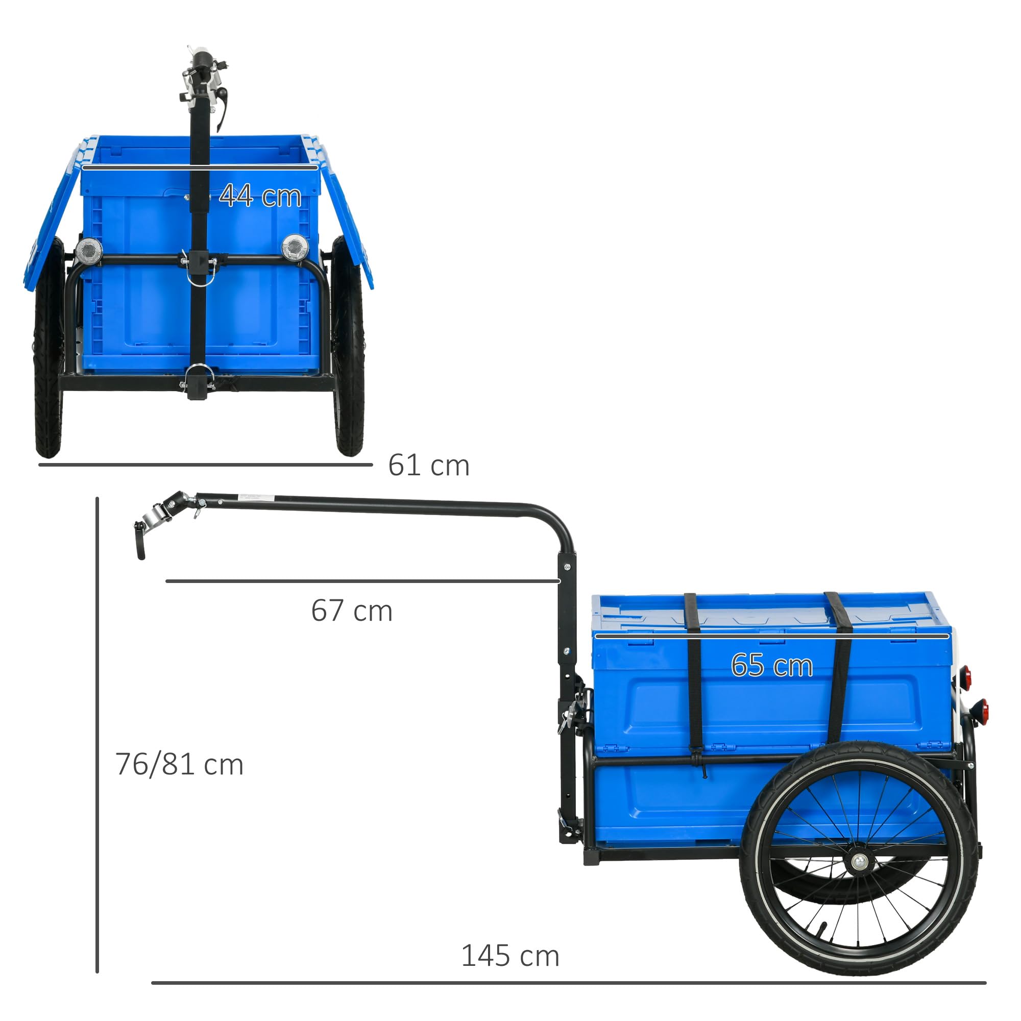 HOMCOM Rimorchio Bici ad Altezza Regolabile con Box Portaoggetti da 65L in Plastica, Bandiera, Catarifrangenti e Strisce Riflettenti, Rimorchio per Bici in Acciaio, 145x61x76/81 cm, Blu