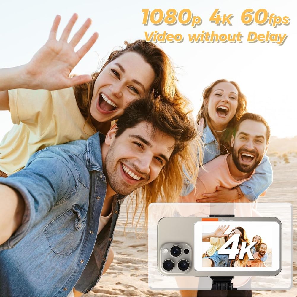 Vlog Selfie Monitor Screen - Magnetic Phone Back Camera Selfie Mirror Monitor Built in Speaker 4 Inch Screen with Bluetooth Remote for iOS/Android Live Streaming 60fps Recording