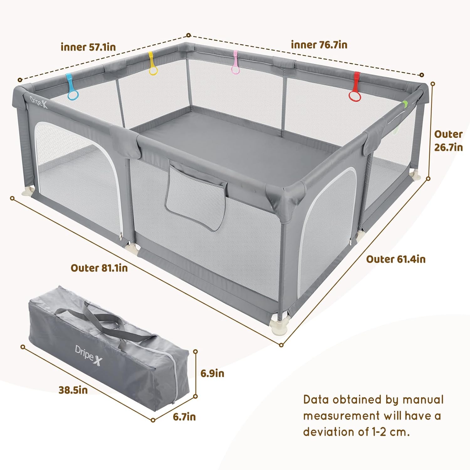 Dripex Playpen for Babies and Toddlers, Safe Anti-Fall Play Yard, Visible Play Pen with Gate, Baby Fence Play Area with Pull-up Ring, Washable Baby Play Yards, Anchor Grey, 50x50