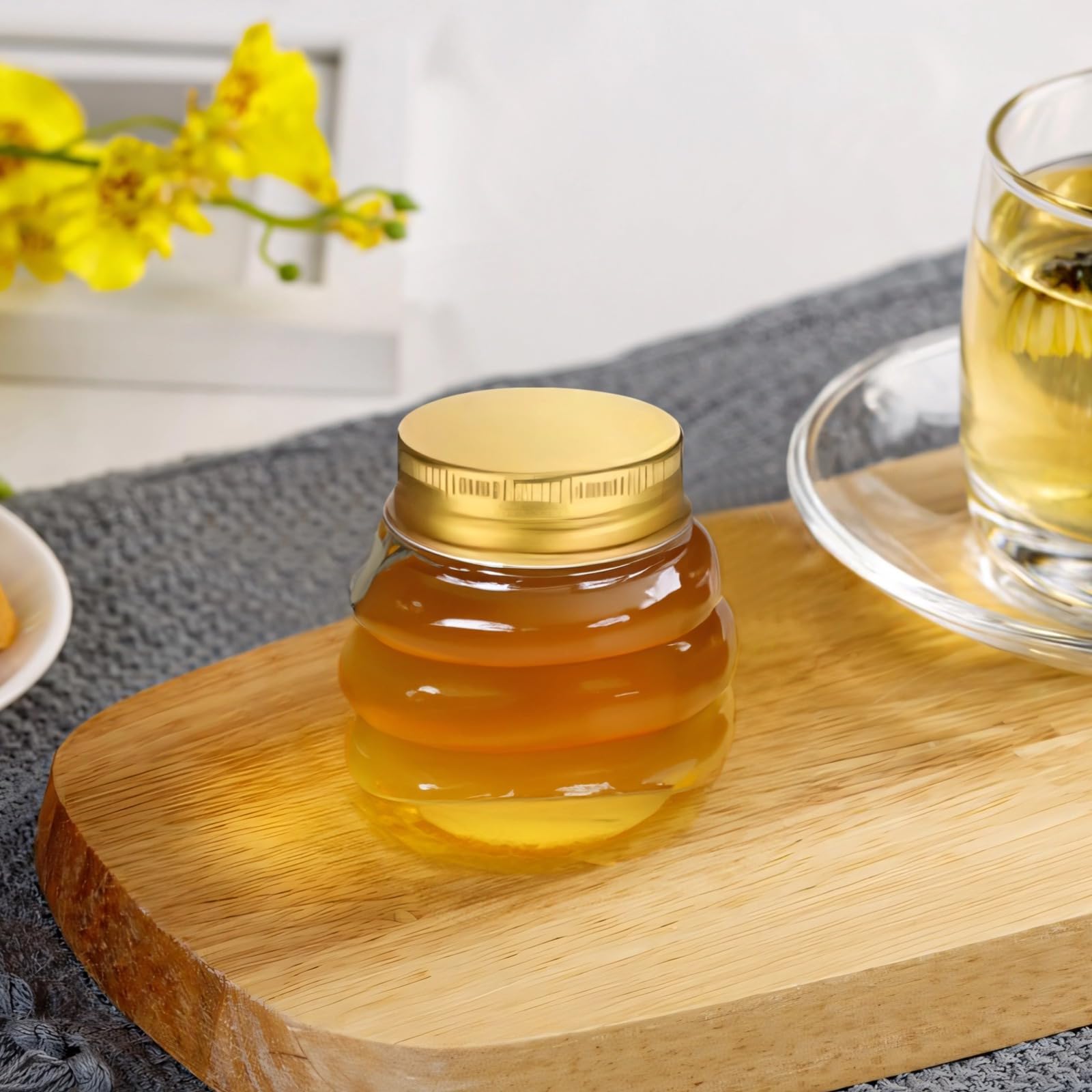 50 mini barattoli per miele, 60 ml, in plastica, con coperchi dorati, motivo a nido d'ape per bomboniere, fai da te, marmellate