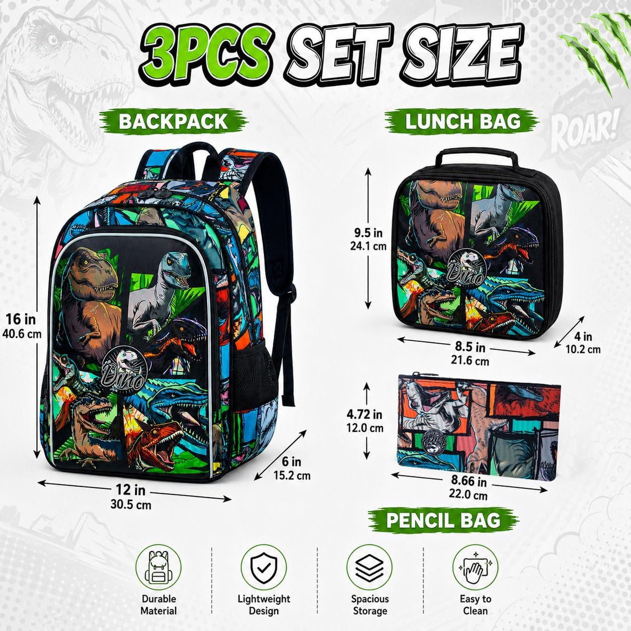 CCJPX 3 mochilas para niños, 16 pulgadas de dinosaurio, preescolar, primaria, jardín de infantes, mochilas escolares y lonchera, Aa1-dinosaurio negro, One Size, Mochilas Daypack