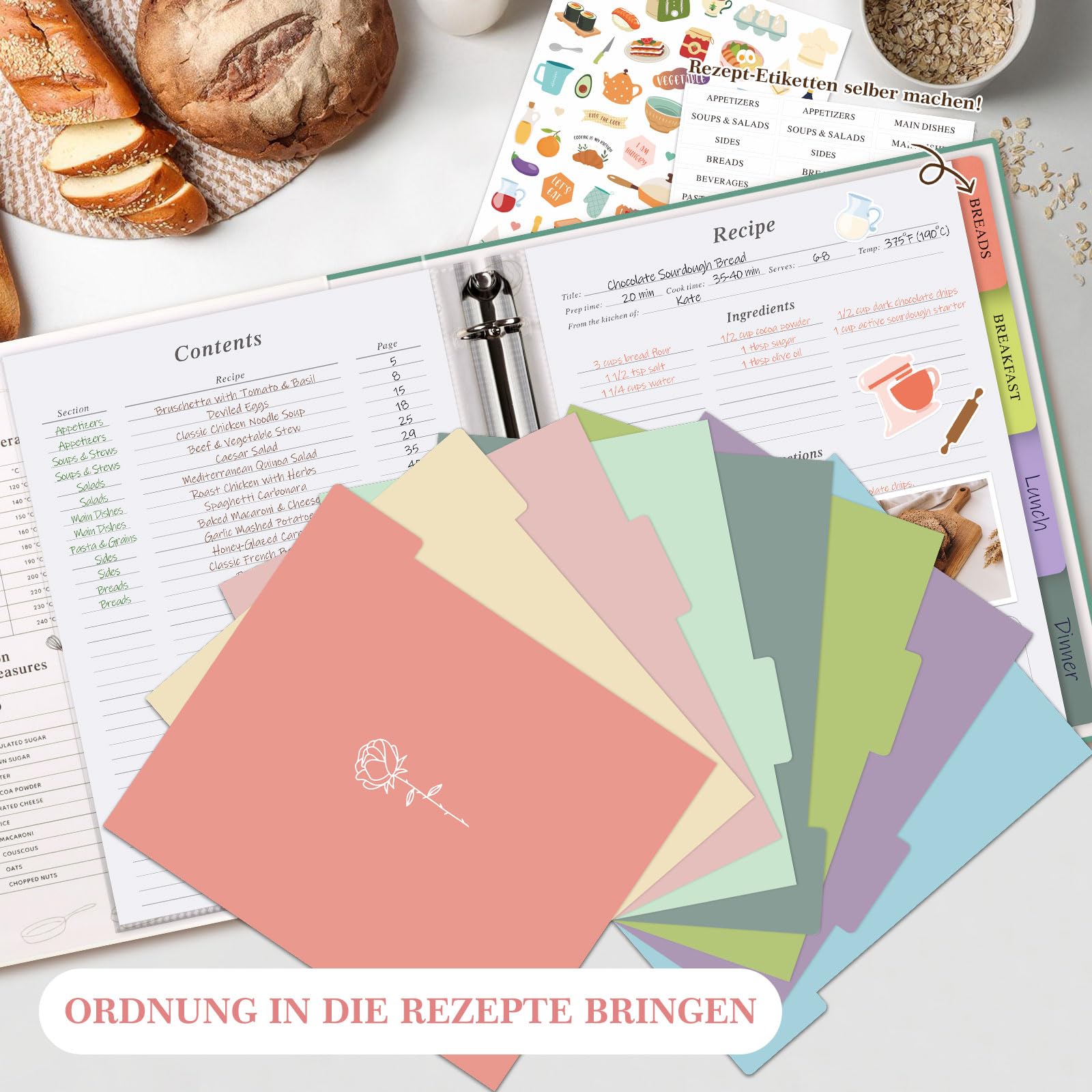 Lanpn Rezepte Ordner 3 Ringen für Kochrezepte, Kochbuch Selbst Schreiben, DIY Recipe Binder Rezeptordner mit 8 Trennblättern und 2 Aufklebern, Leder Rezeptbuch zum Selberschreiben, Rose, Englisch