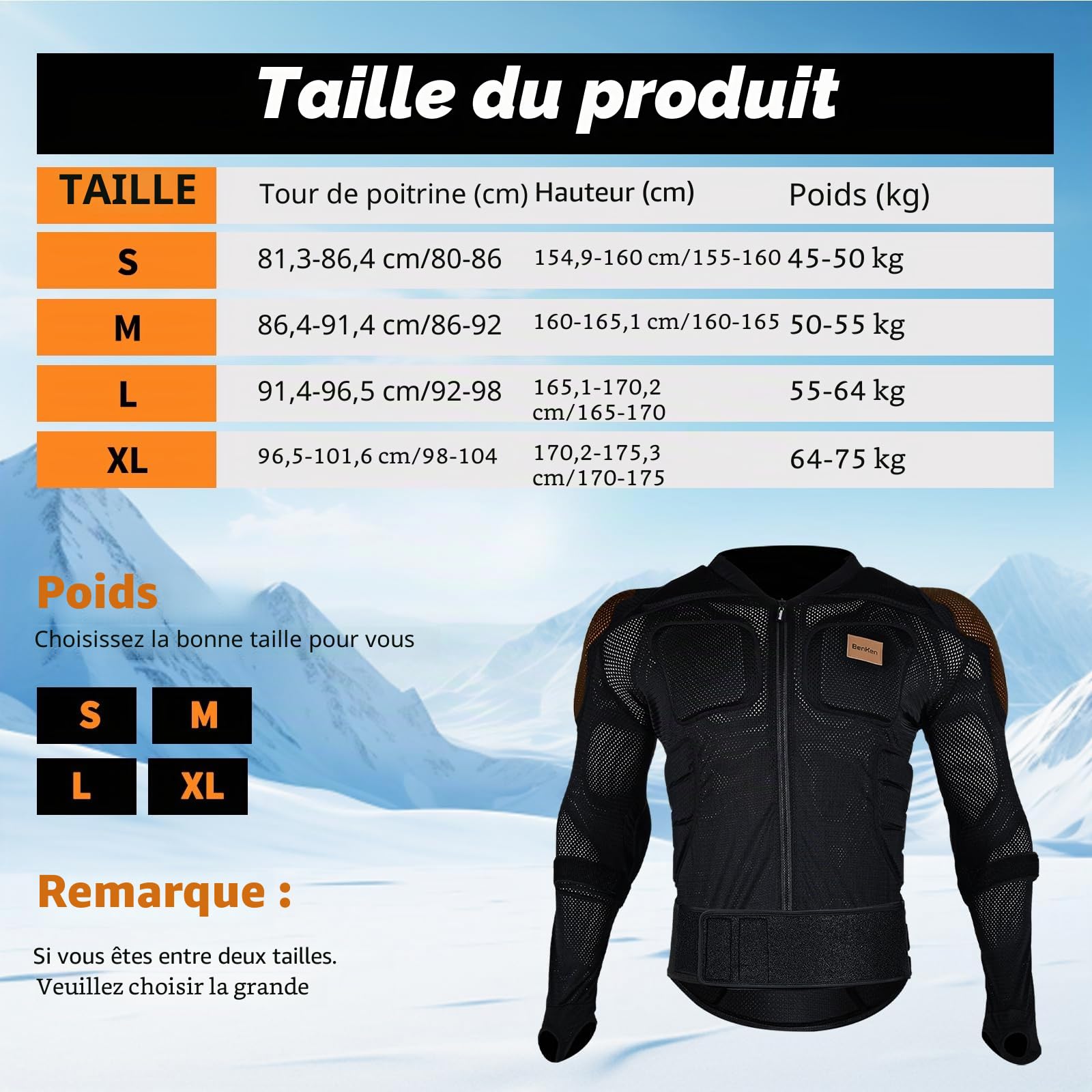 BenKen Équipement de protection pour le ski, protection dorsale, sports de plein air, protection dorsale, skateboard, ski, patinage sur glace, VTT, moto, tout-terrain