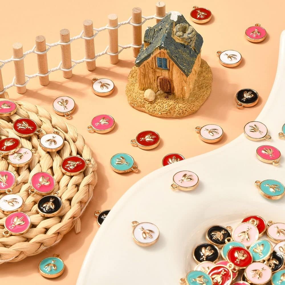 LiQunSweet 60 Pcs 6 Colors Enamel LightGold Charms Flat Round Bee Animal Honeybee Mini Charm for Jewelry Making